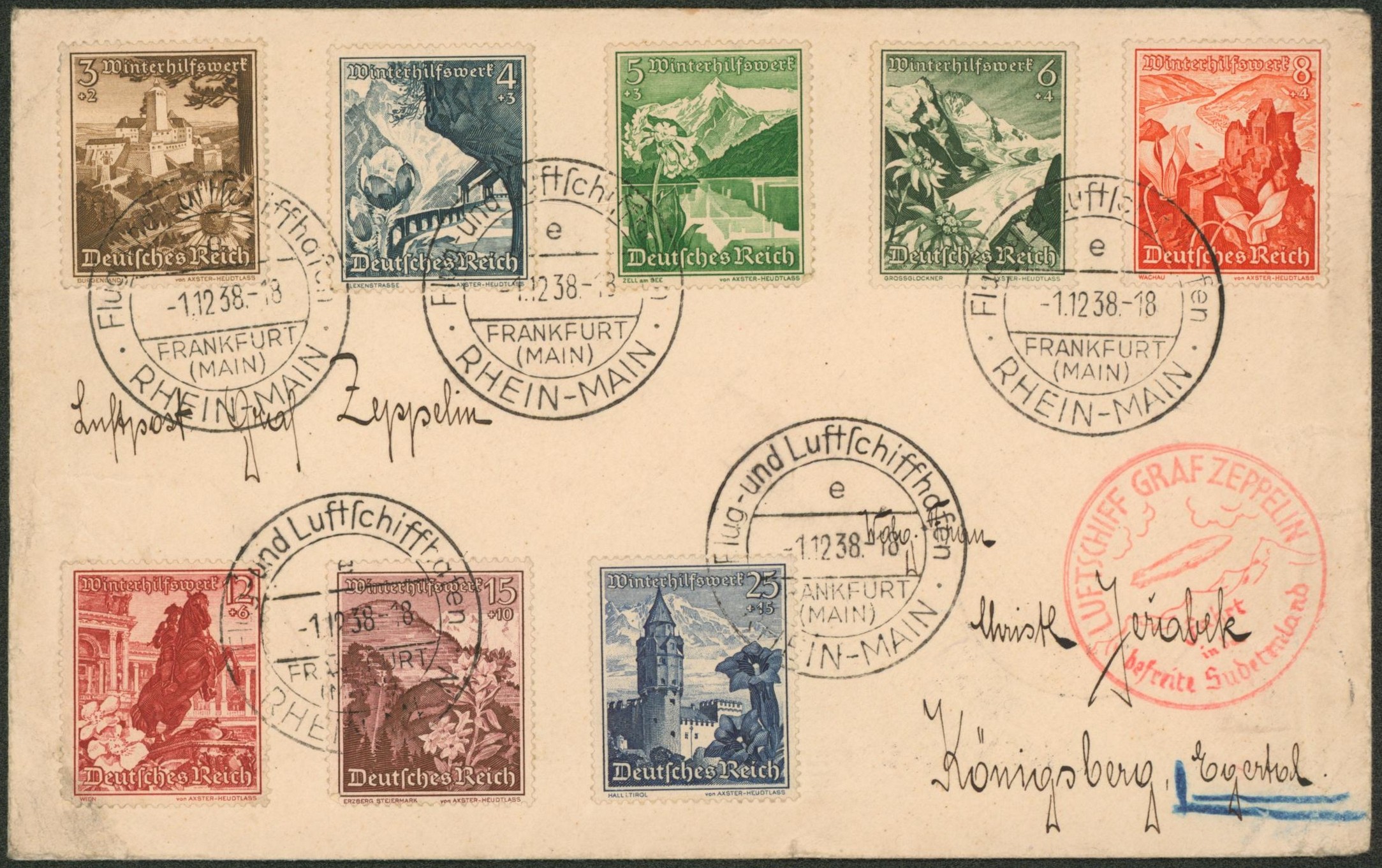 Allemagne - Bel affranchissement mixte sur lettre par zeppelin (Sudetenland)  > Königsberg (Allemagne).