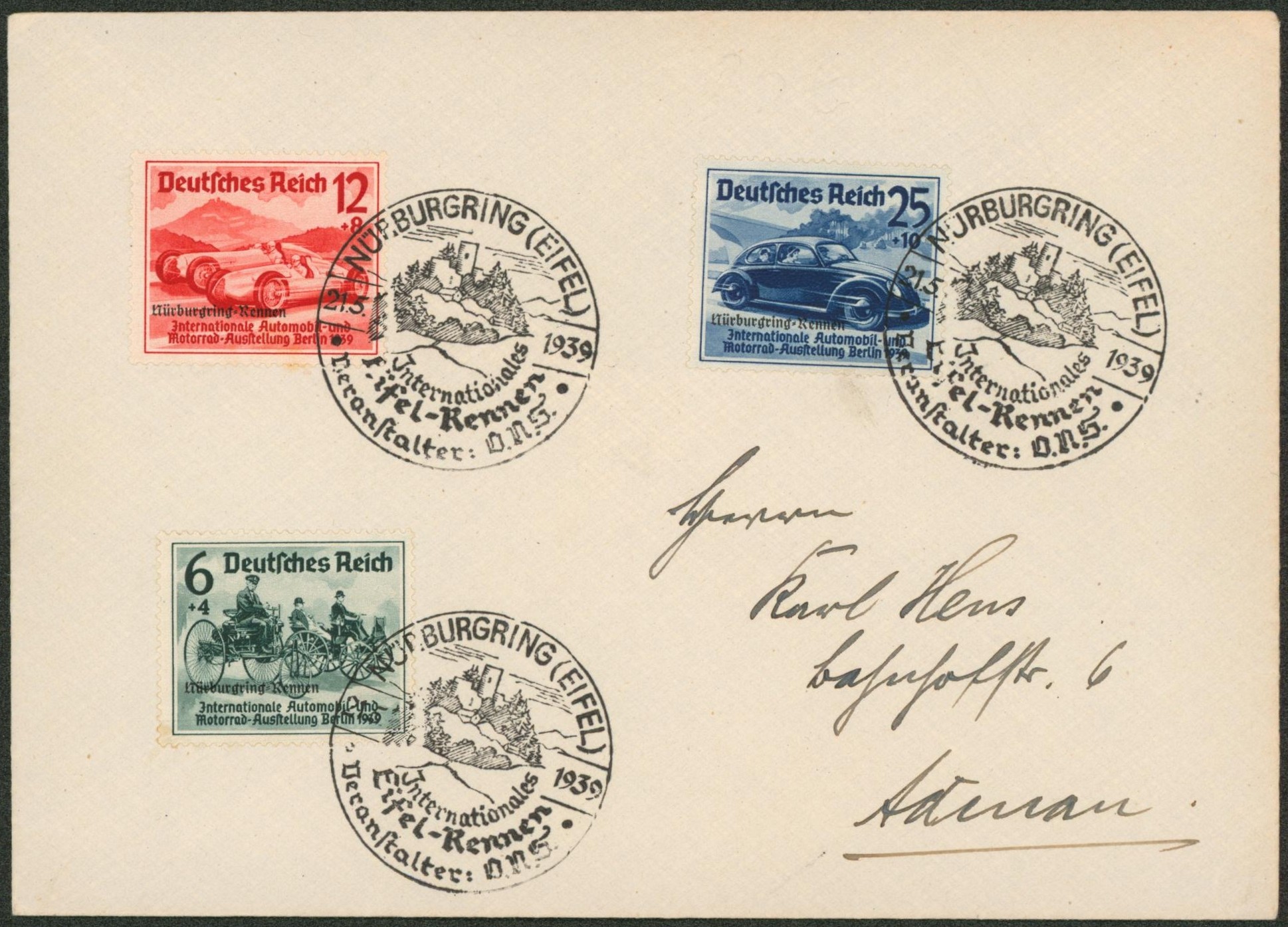 Allemagne - Yv n°627/29 sur lettre + cachet spécial "salon international de l'automobile" > Allemagne