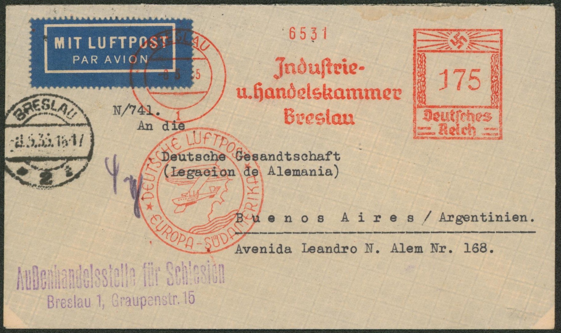 Allemagne - Affranchissement mécanique 175 Deutsches reich sur lettre par avion de Breslau via Deutsch luftpost Europa-Sudamerika > Buenos Aires (Argentine), légation Allemande.