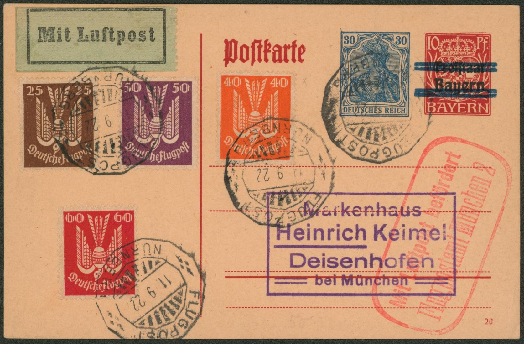 Allemagne (Bavière) - EP au type 10Pf rouge surchargé + Affranch. mixte par avion Flugpost / Nurnberg > Munchen.