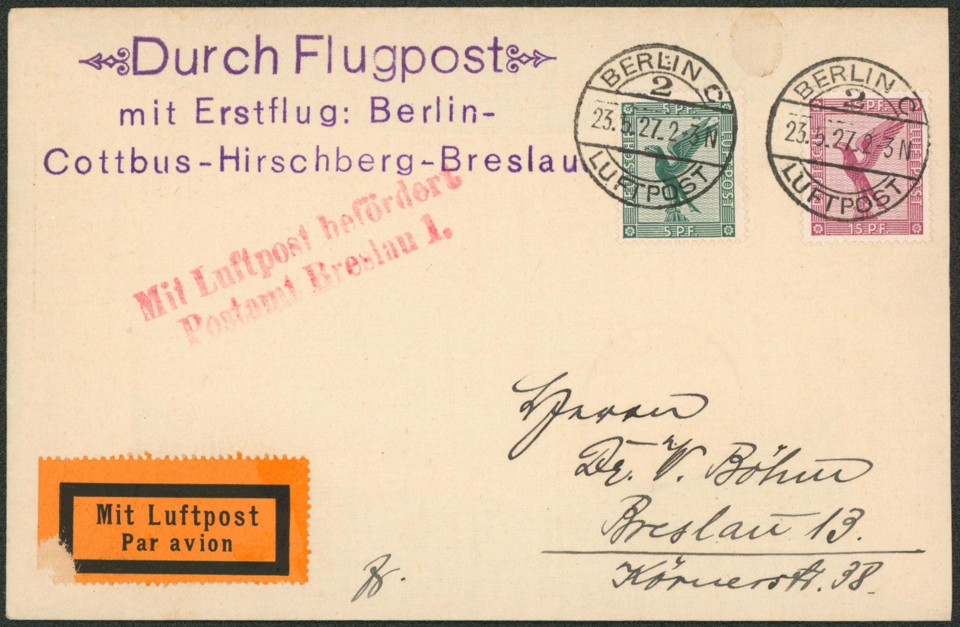 Allemagne - Yv n° PA27 et PA29 sur lettre par avion (Durch flugpost) de Berlin + griffe rouge > Breslau