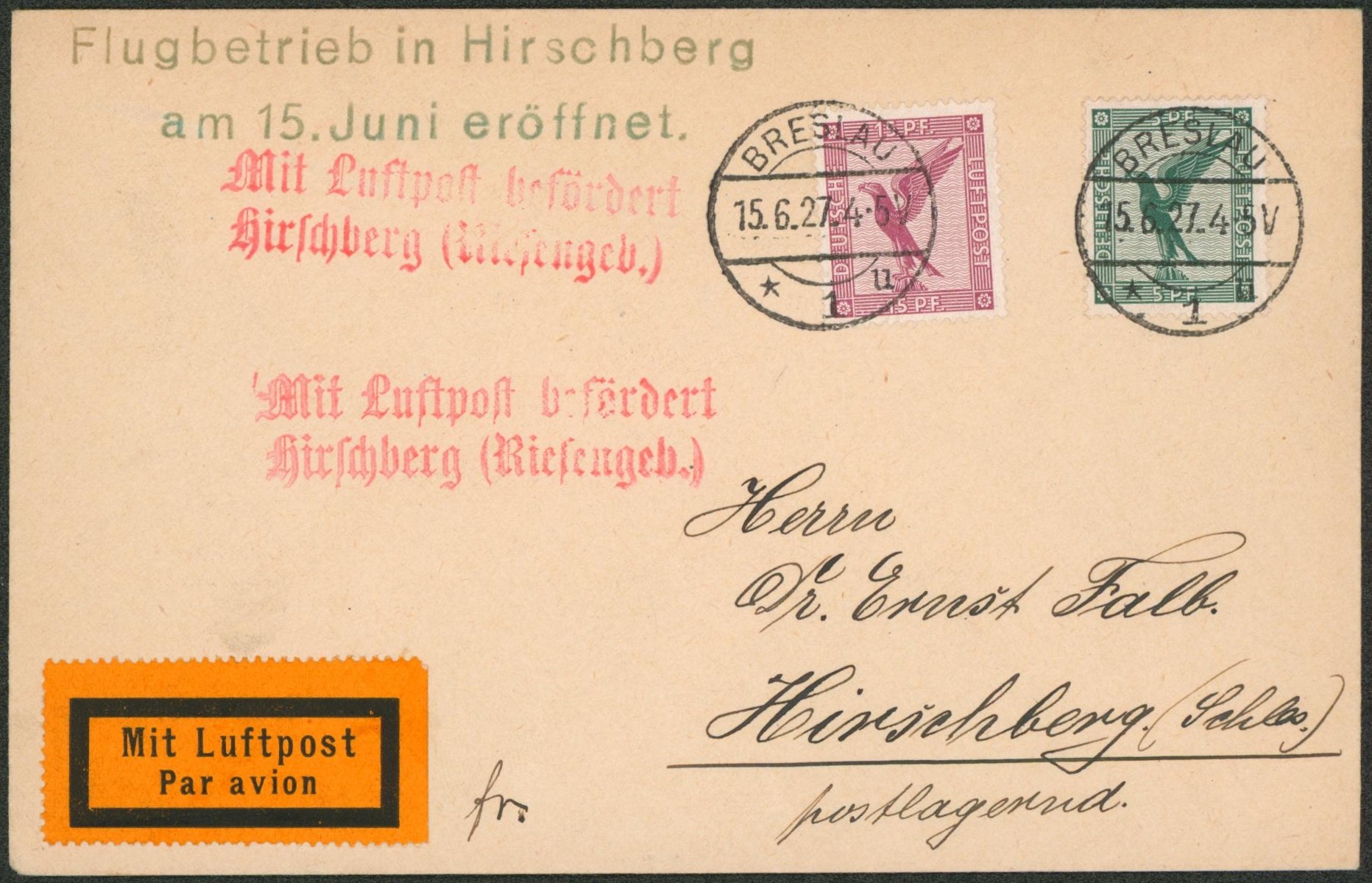 Allemagne - Yv n° PA27/28 sur lettre par avion de Breslau > Hirschberg