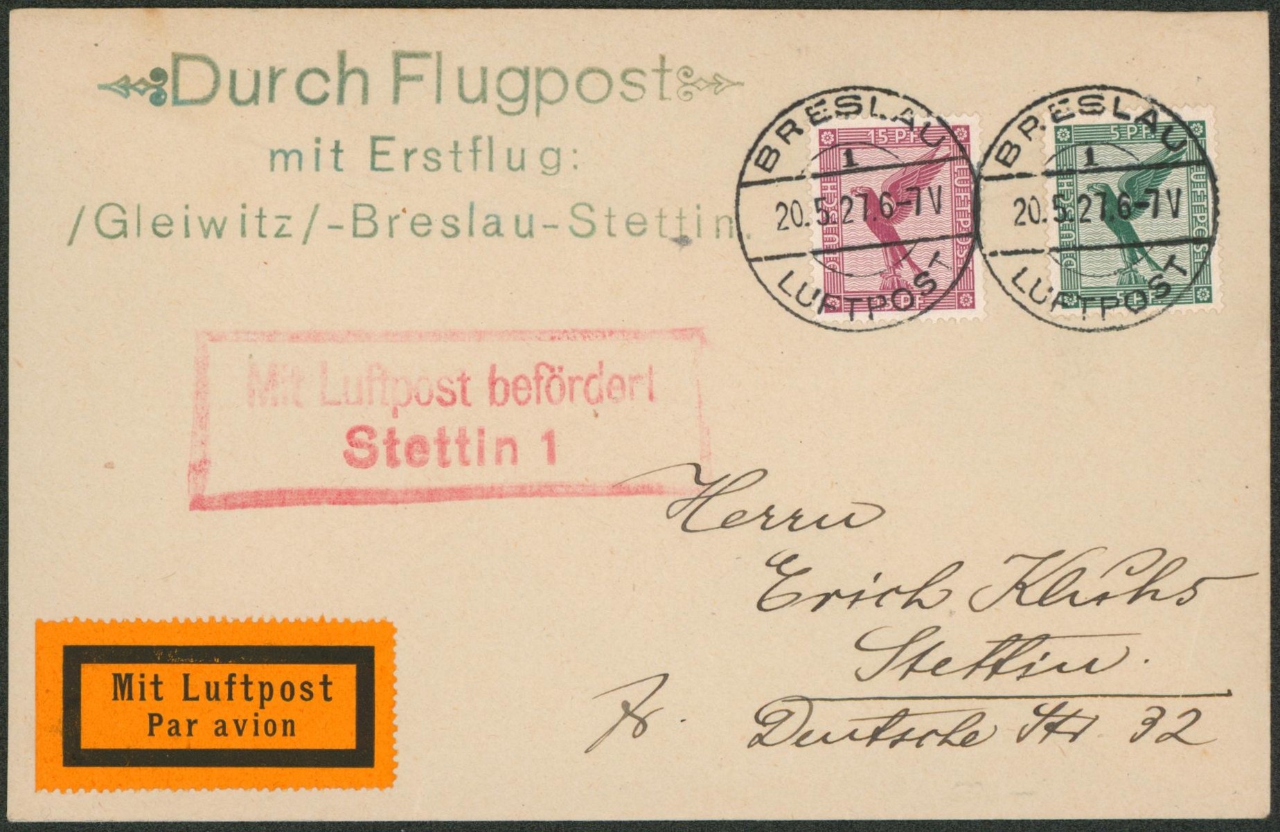 Allemagne - Yv n°PA27/28 sur lettre par avion de Breslau > Stettin + griffe rouge STETTIN 1