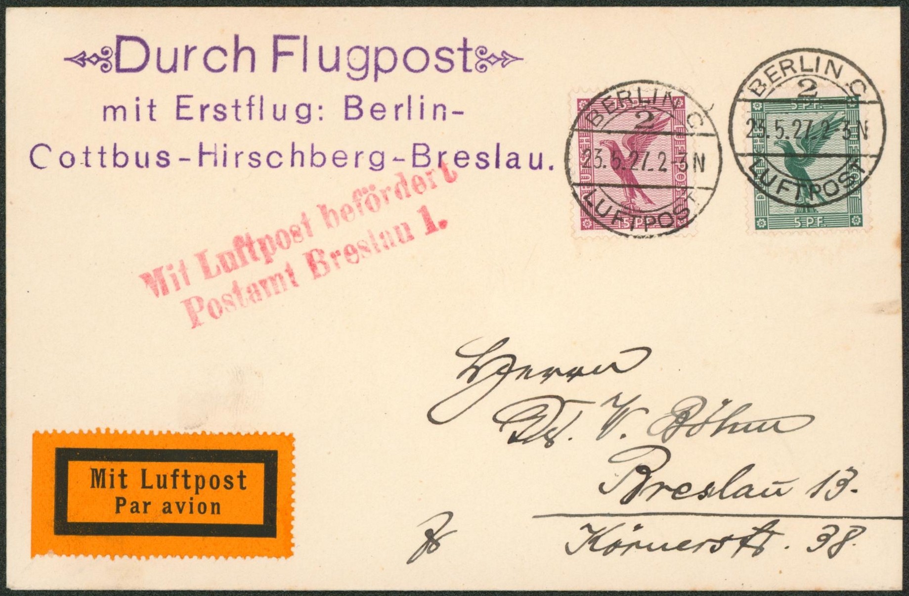 Allemagne - Yv n°PA27/28 sur lettre par avion de Berlin > Breslau + griffe rouge Breslau 1
