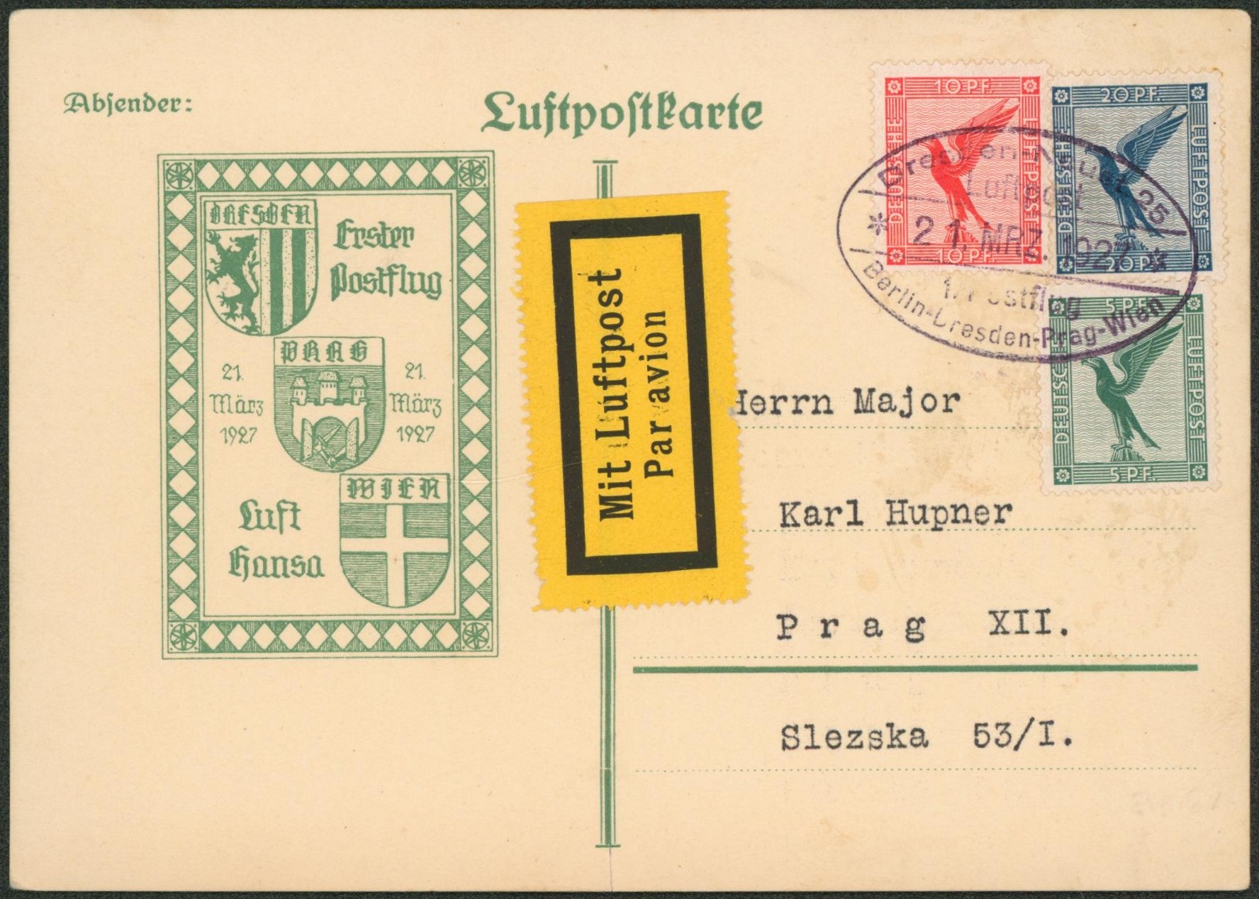 Allemagne - Yv n°PA27/28 et PA30 sur Carte postale aérienne par avion + cachet spécial oval "Berlin - Dresden - Prag - Wien" > Prag