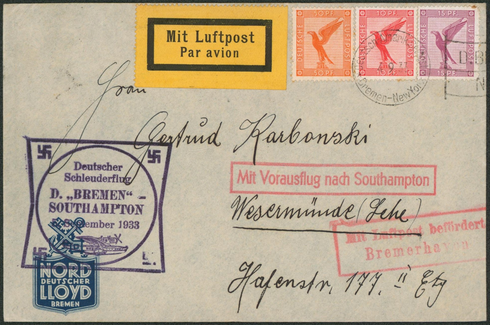 Allemagne - Yv n°PA28/29 + PA31 sur lettre par avion + grand cachet "Deutscher schleuderflug D. Bremen-Southampton décember 1933" > Allemagne