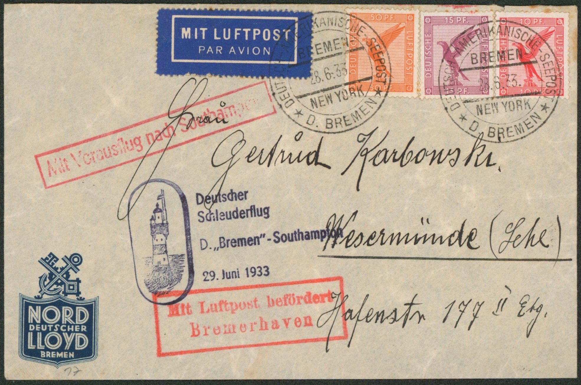 Allemagne - Yv n°28/29 + PA31 sur lettre par avion (Nord deutsche Lloyd) + cachet spécial "Deutsch amerikanische-Seepost / Bremen-New-York". Phare, Lighthouse