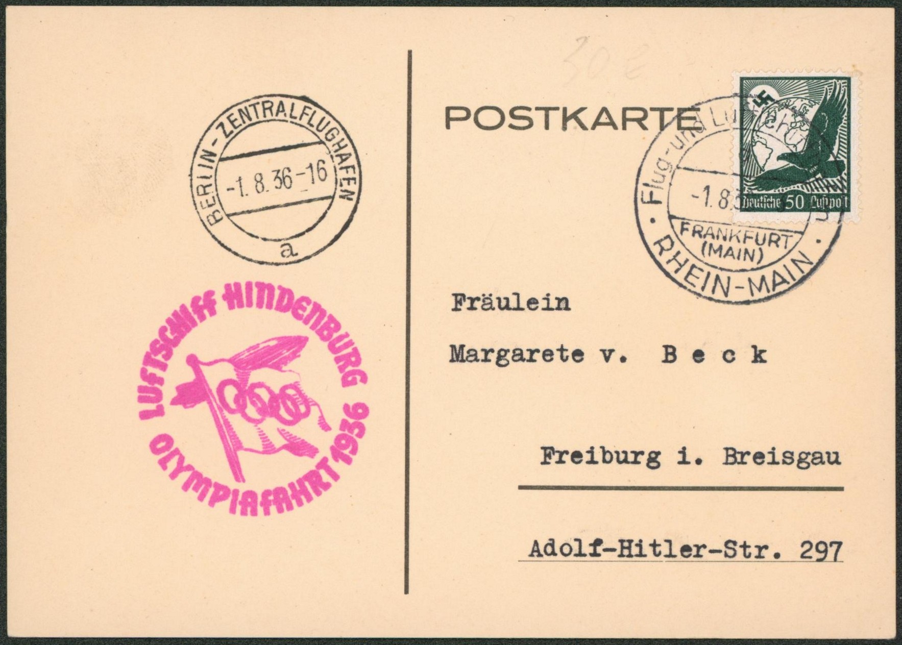 Allemagne - Yv n°PA49 sur carte postale + cachet Lutschiff Hindenburg / Olympiafahrt 1936" > Freiburg. Jeu olympique.