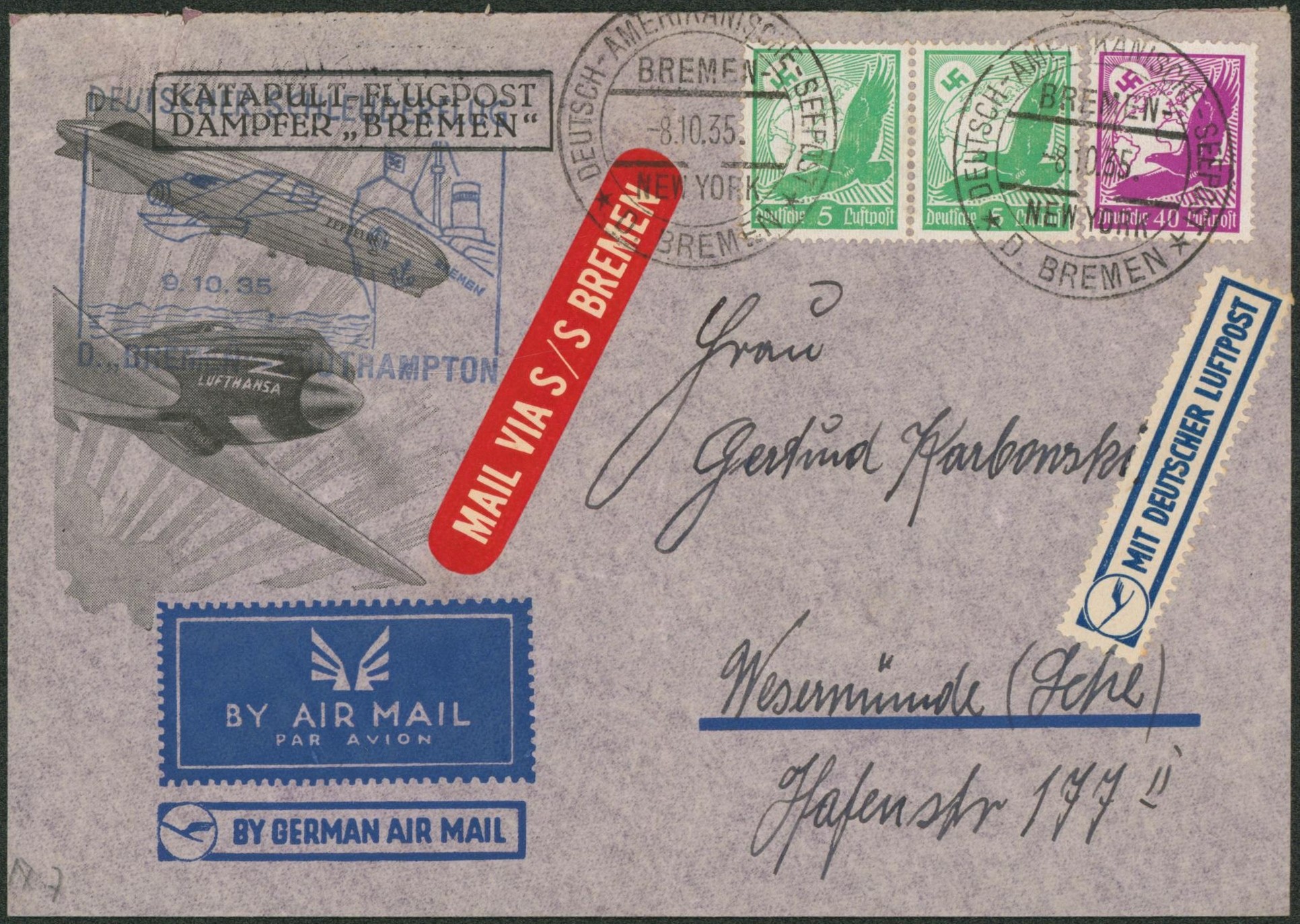 Allemagne - Yv n°PA43 x2 et PA48 sur lettre par avion + cachet spécial "Deutsch amerikanische-Seepost / Bremen-New-York"