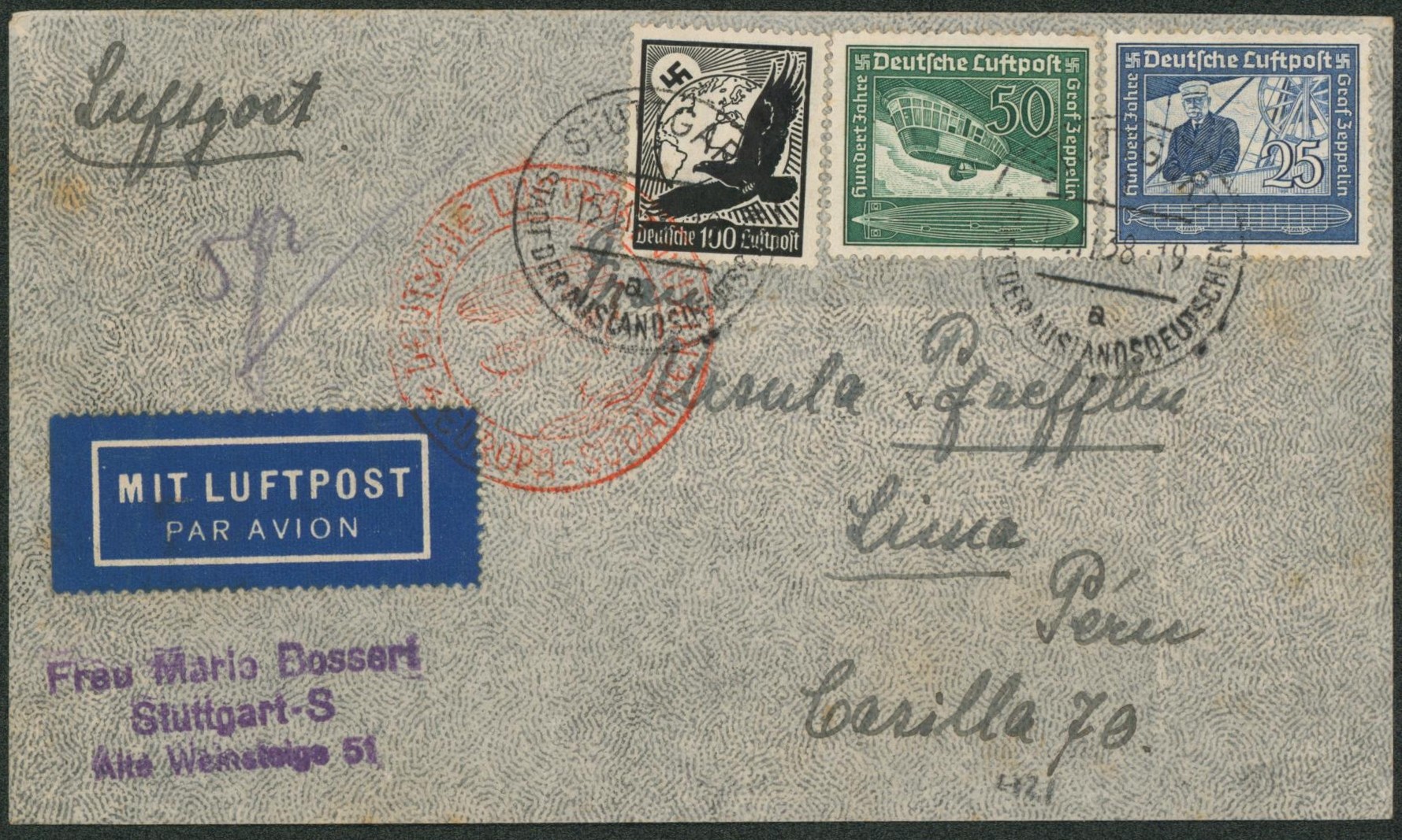 Allemagne - Yv n°PA51 et PA57/58 sur lettre par avion de Stuttgart > Lima (Pérou).