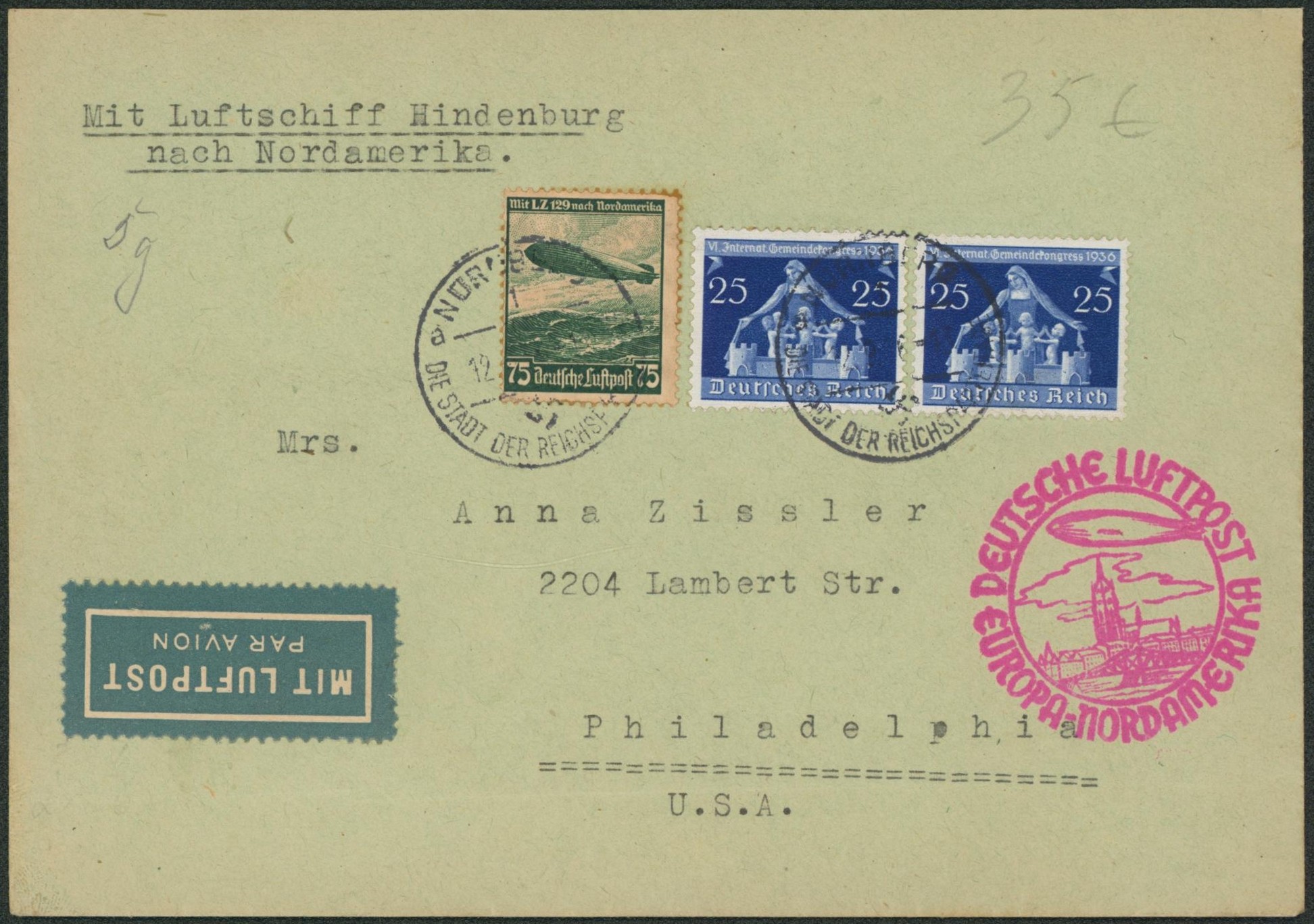 Allemagne - Yv n°PA56 + n°576 x2 sur lettre par Zeppelin (Nordamerika) > Philadelphia (USA)