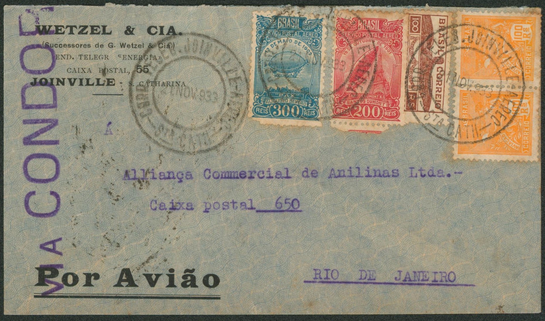 Brésil - Affranch. Mixte sur lettre par avion via Condor de Joinville (St Catharina) > Rio de Janeiro