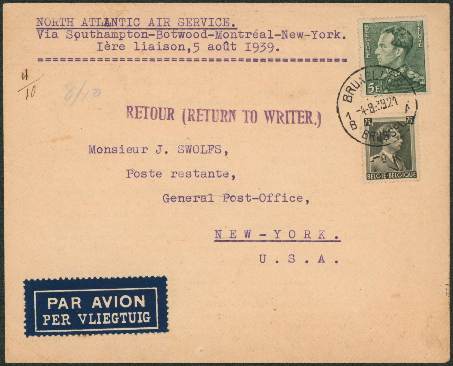n°433 et 480 sur lettre par avion (North atlantic air service) de Bruxelles > New-York (USA) + griffe RETOUR (RETURN TO WRITTER).