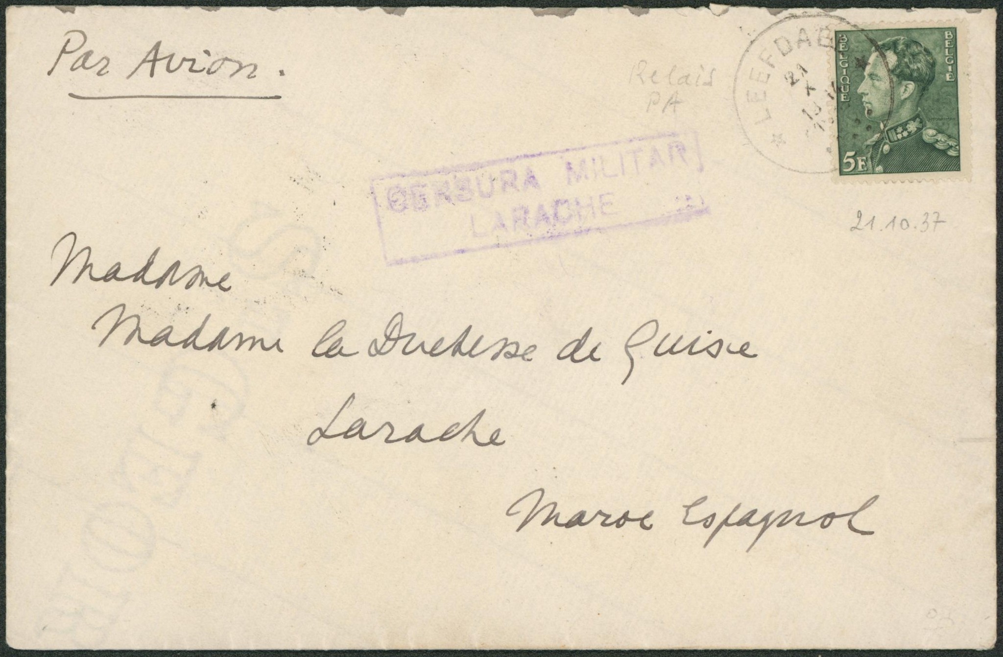 Poortman - n°433 seul sur lettre par avion obl relais "Leefdael" > Larach (maroc espagnole) + censure militaire LARACHE. TB