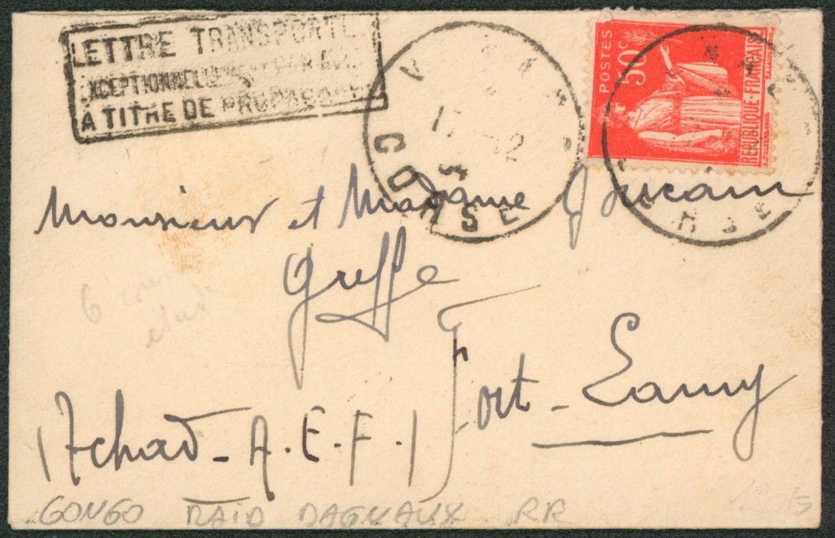 France - type paix 50C rouge sur petite enveloppe expédié de ? / Corse + encadré "Lettre transportée exceptionnellement par avion à titre de propagande" > Fort-Lamy (Tchad, A.E.F.) CONGO RAID DAGNAUX RR