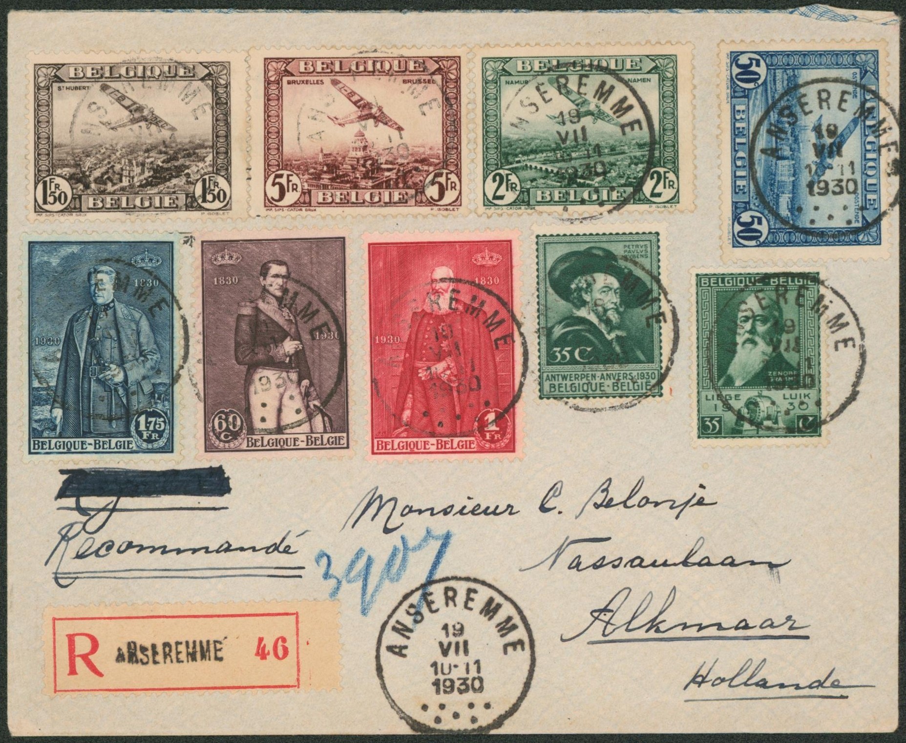 Bel affranchissement coloré sur lettre en recommandé de Anseremme > Alkmaar (Pays-Bas).