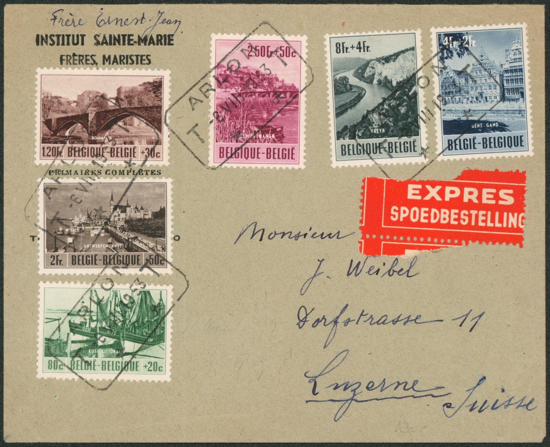 Série complète n°918/23 sur lettre expres obl télégraphe-téléphone "Arlon" > Luzerne (Suisse).
