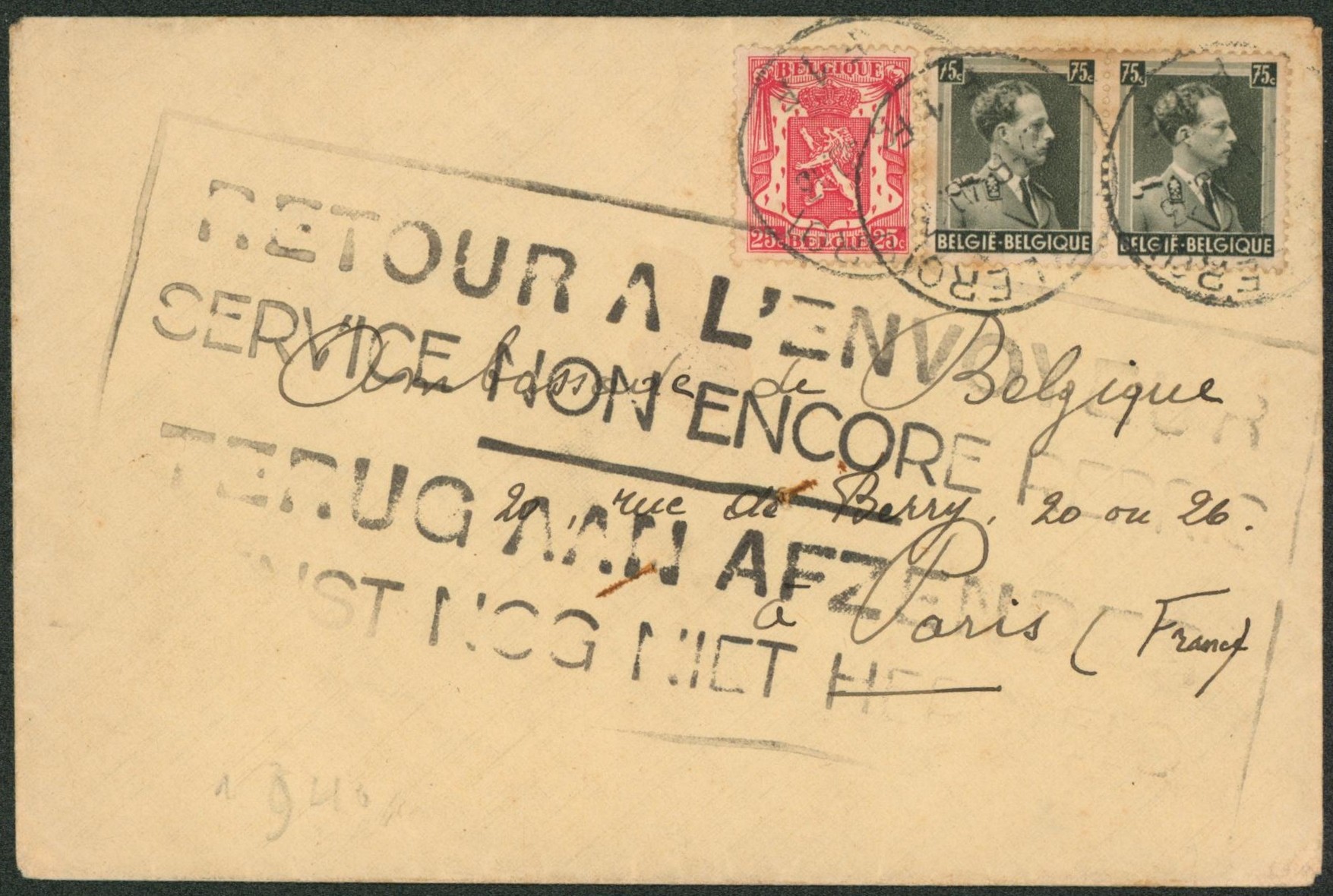 n°423 et 480 x2 sur lettre expédié de Charleroi > Paris + grand encadré bilingue "Retour à l'envoyeur / Service non encore repris". TB