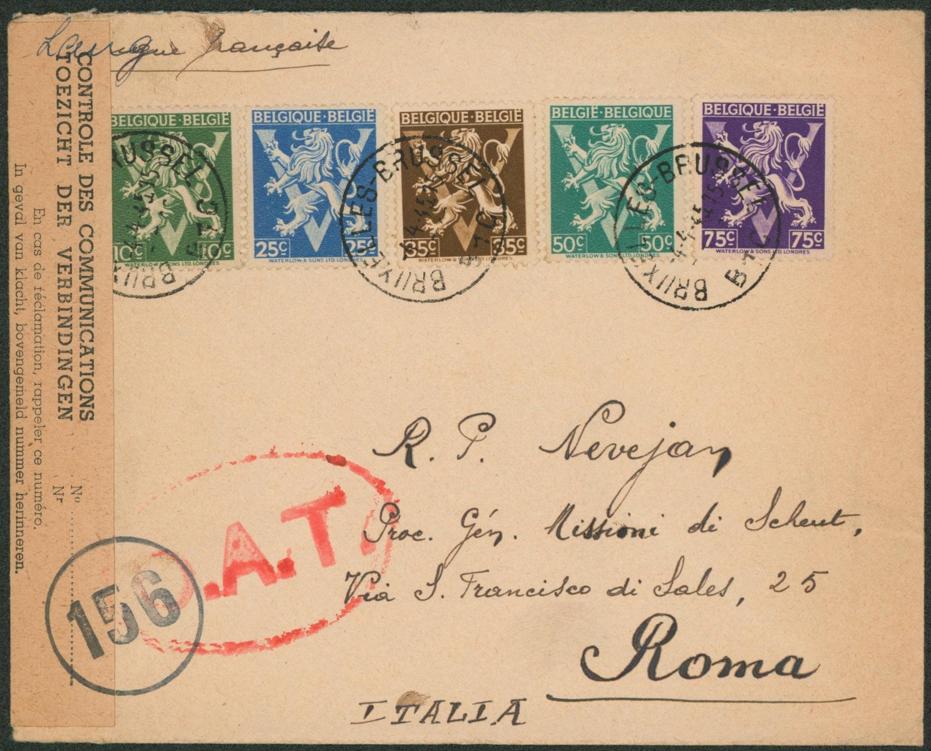 Lion Héraldique - n°675/77, 679 et 678A sur lettre + contrôle des communications "156" + ovale O.A.T. > Roma (Italie).