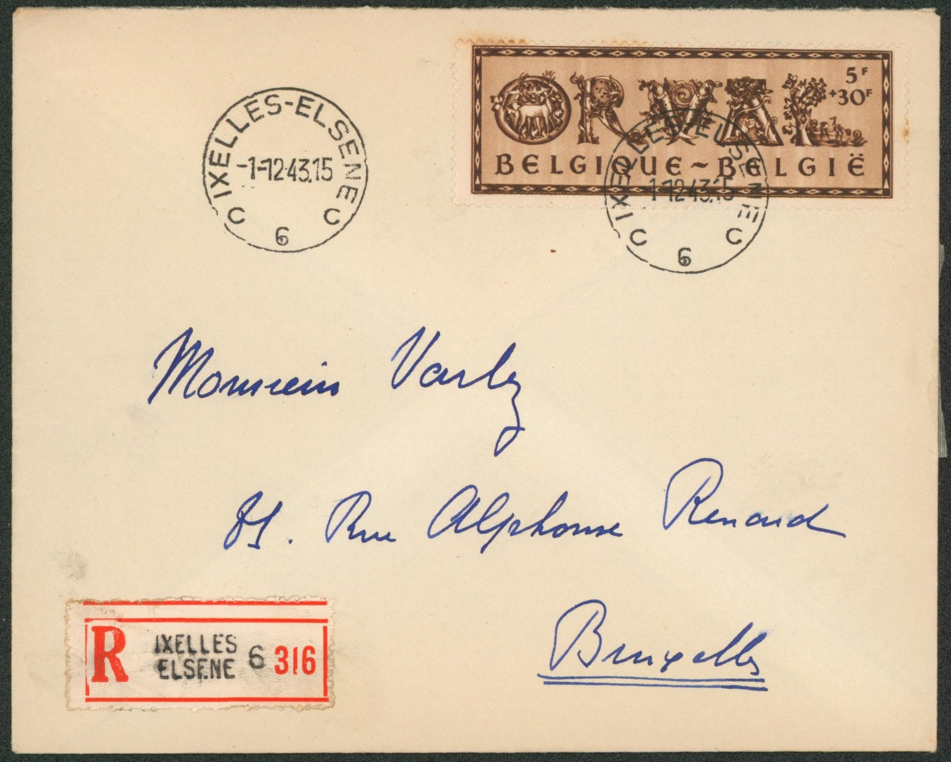 Orval (lettrines) - n°630 sur lettre en recommandé de Ixelles-Elsene > Bruxelles