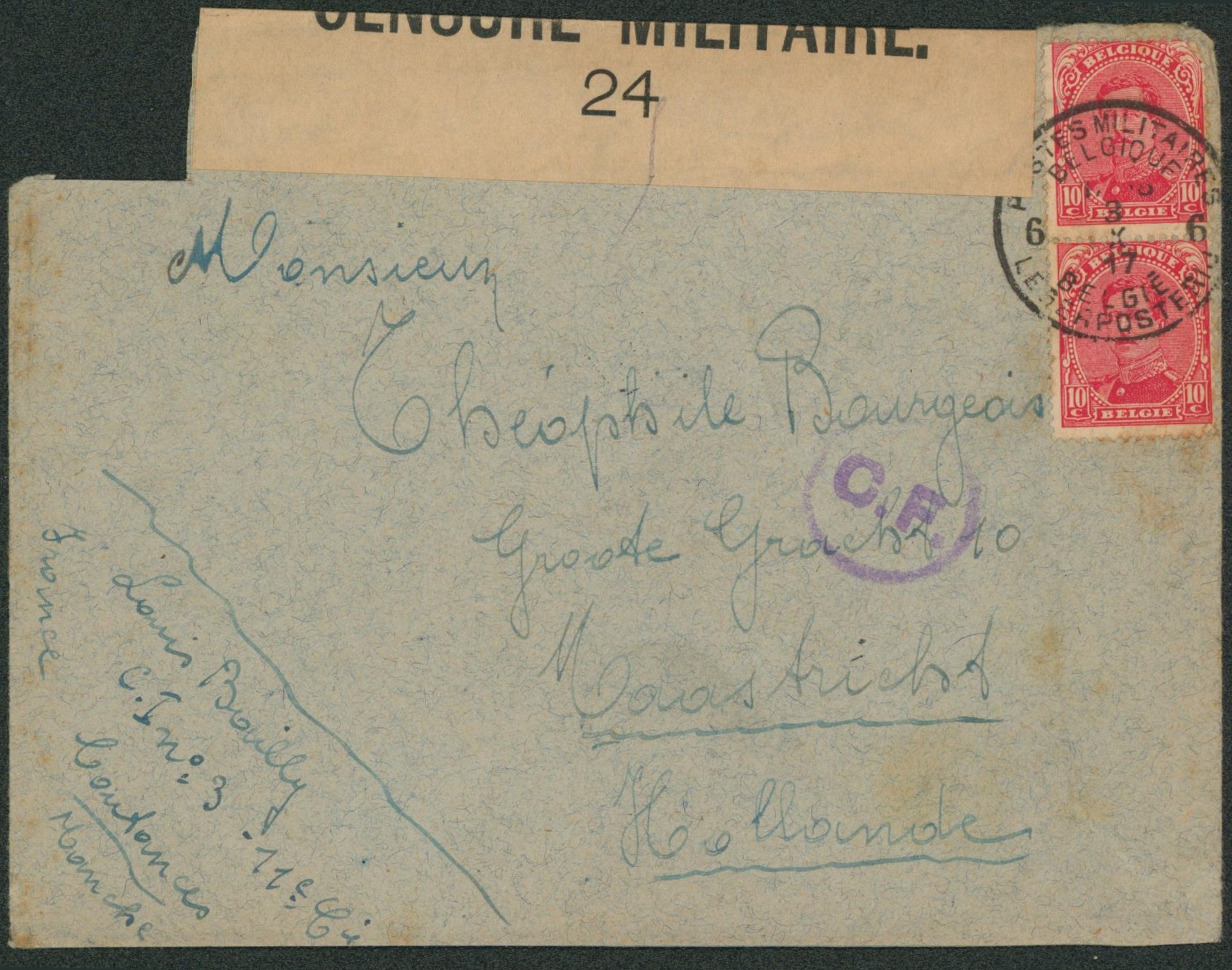 Albert I - n°138 x2 sur lettre obl P.M.B. 6 (1917) + bandelette de censure "24" et censure C.F. (folkestone) > Maastricht / C.I. n°3 (manches).