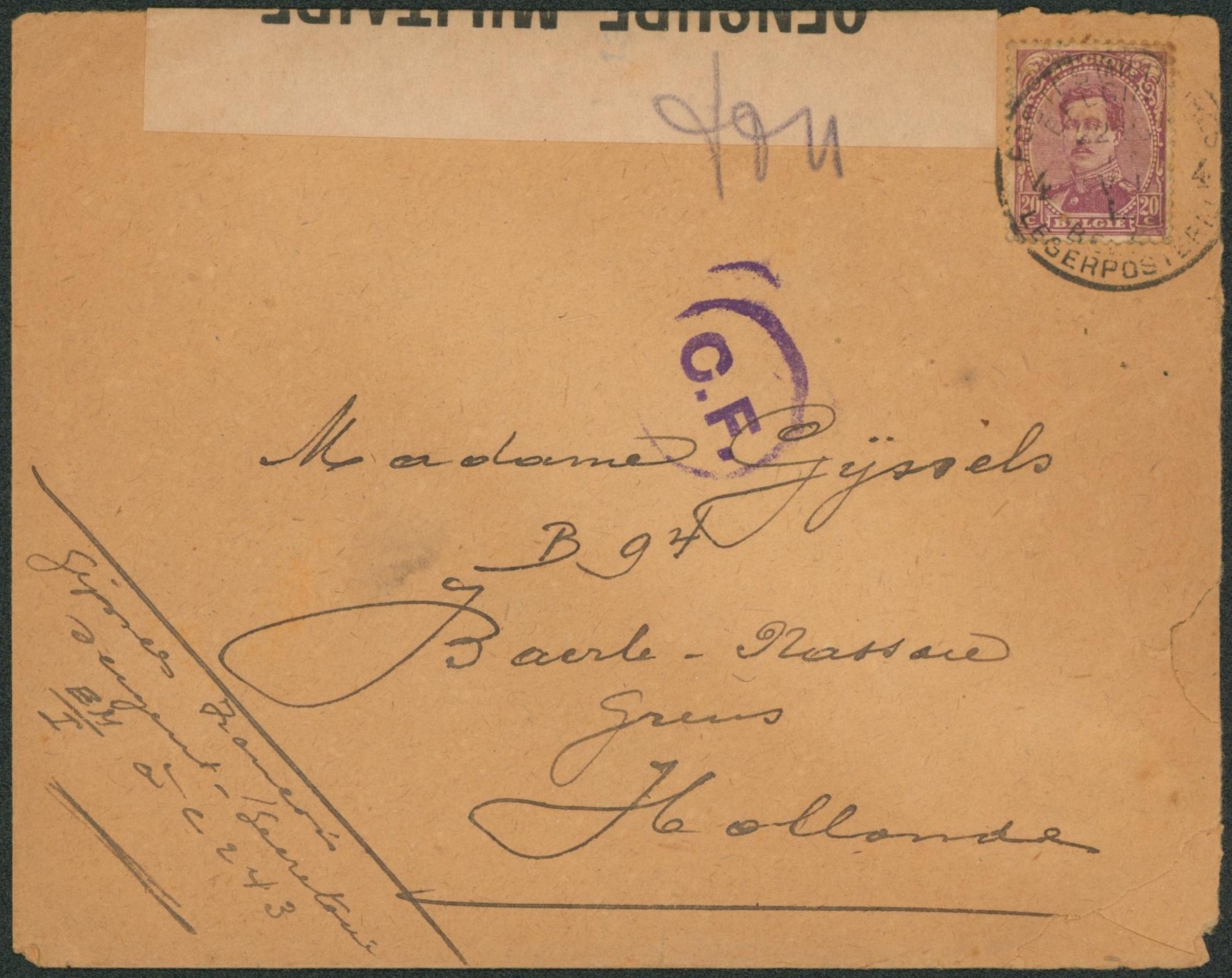 Albert I - n°139 sur lettre obl P.M.B. 4 (date peu lisible) + bandelette de censure et censure C.F. > Baerle-Nassau (Hollande).