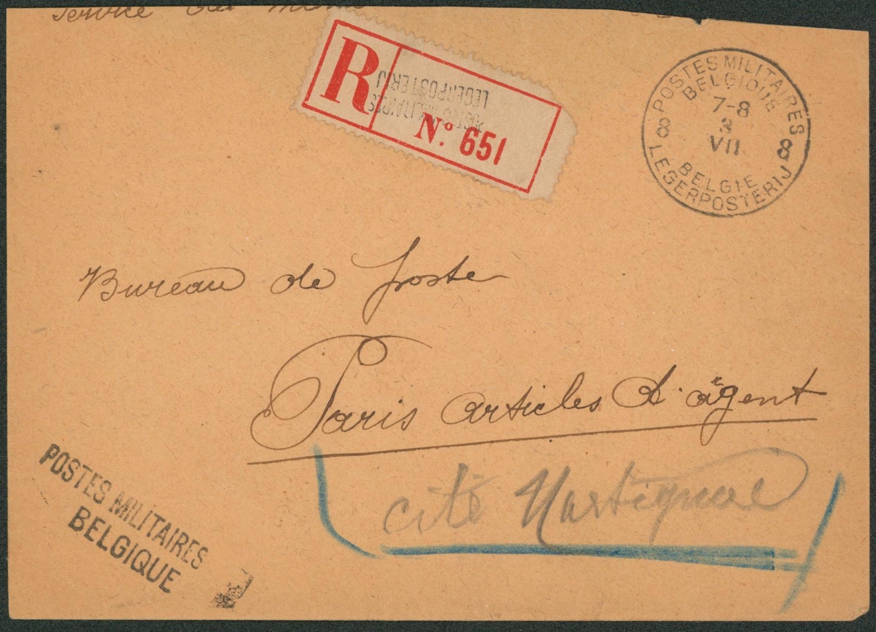 Lettre en franchise en recommandé de Postes militaires Belgique 8 > Paris
