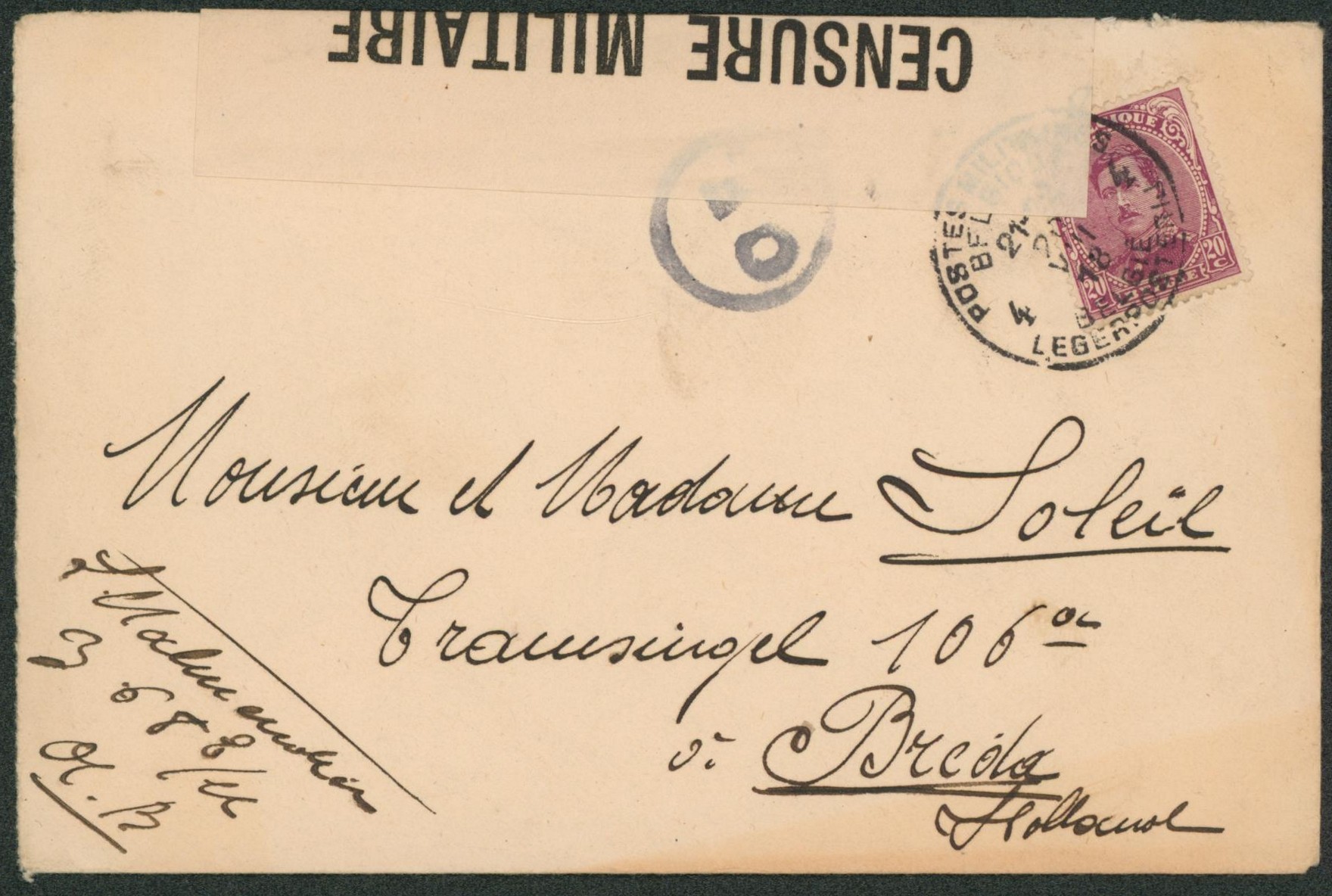 Albert I - n°139 sur lettre obl P.M.B. 4 (../VIII/18) + bandelette de censure "31", censure C.F. > Breda (Hollande).