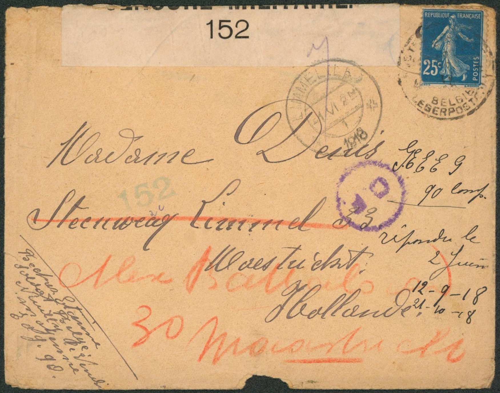 Semeuse - 25C bleu sur lettre obl P.M.B. 4 + bandelette de censure "152" > Maestricht (Hollande).