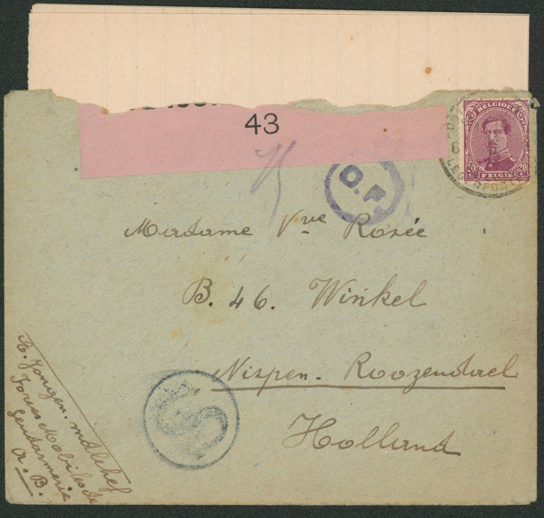 Albert I - n°140 sur lettre obl P.M.B.6 (10/II/18, forces mobiles de gendarmerie) + bandelette de censure "43", censure C.F. et cachet grand "S" > Roozendael (Hollande).
