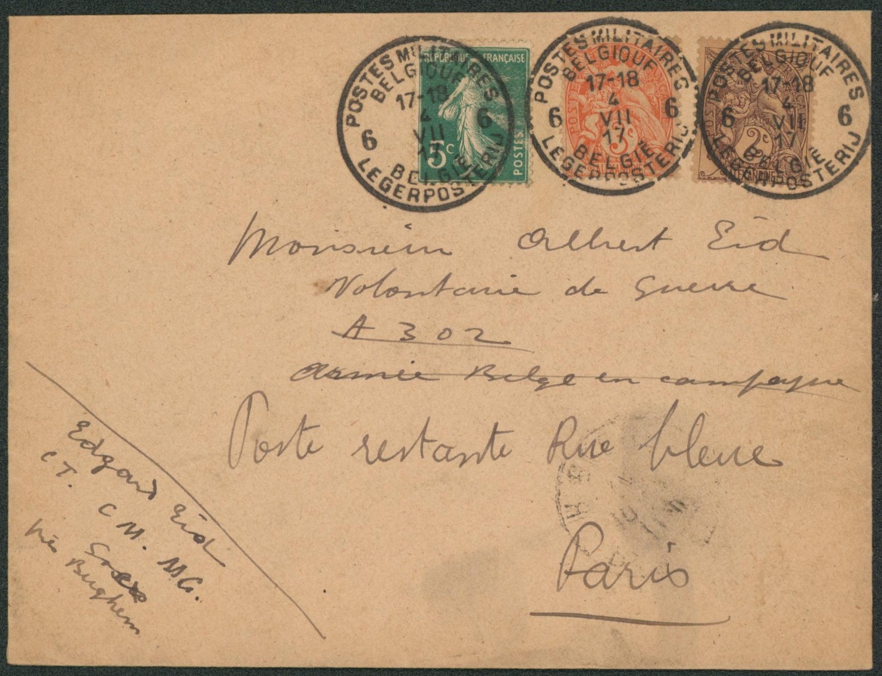 France - Affranch. Mixte obl P.M.B. 6 (1917; CT. CM. MG.) > armée belge en campagne, redirigé vers poste restante Paris.