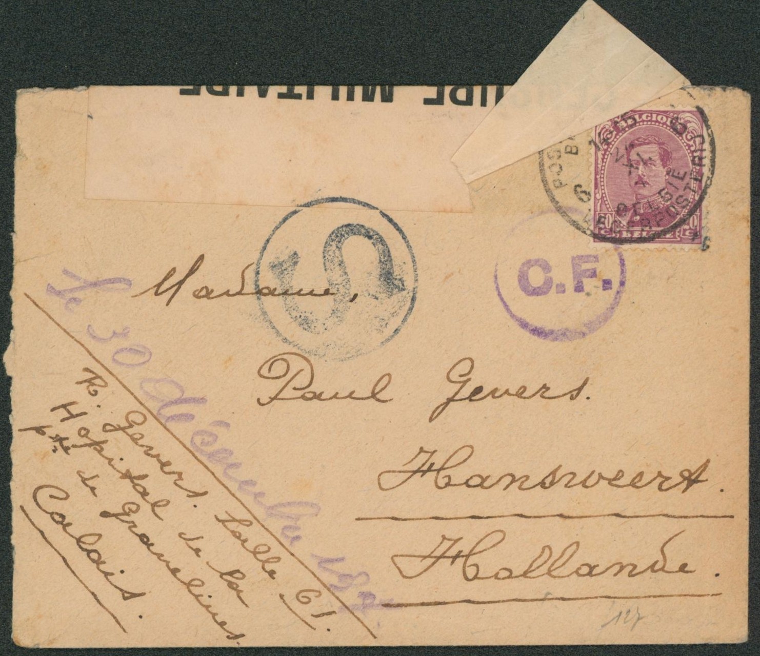 Albert I - n°140 sur lettre obl P.M.B.6 + bandelette de censure, "S" (Hopital de la porte de Gravelines à Calais) > Hansweert (Hollande).