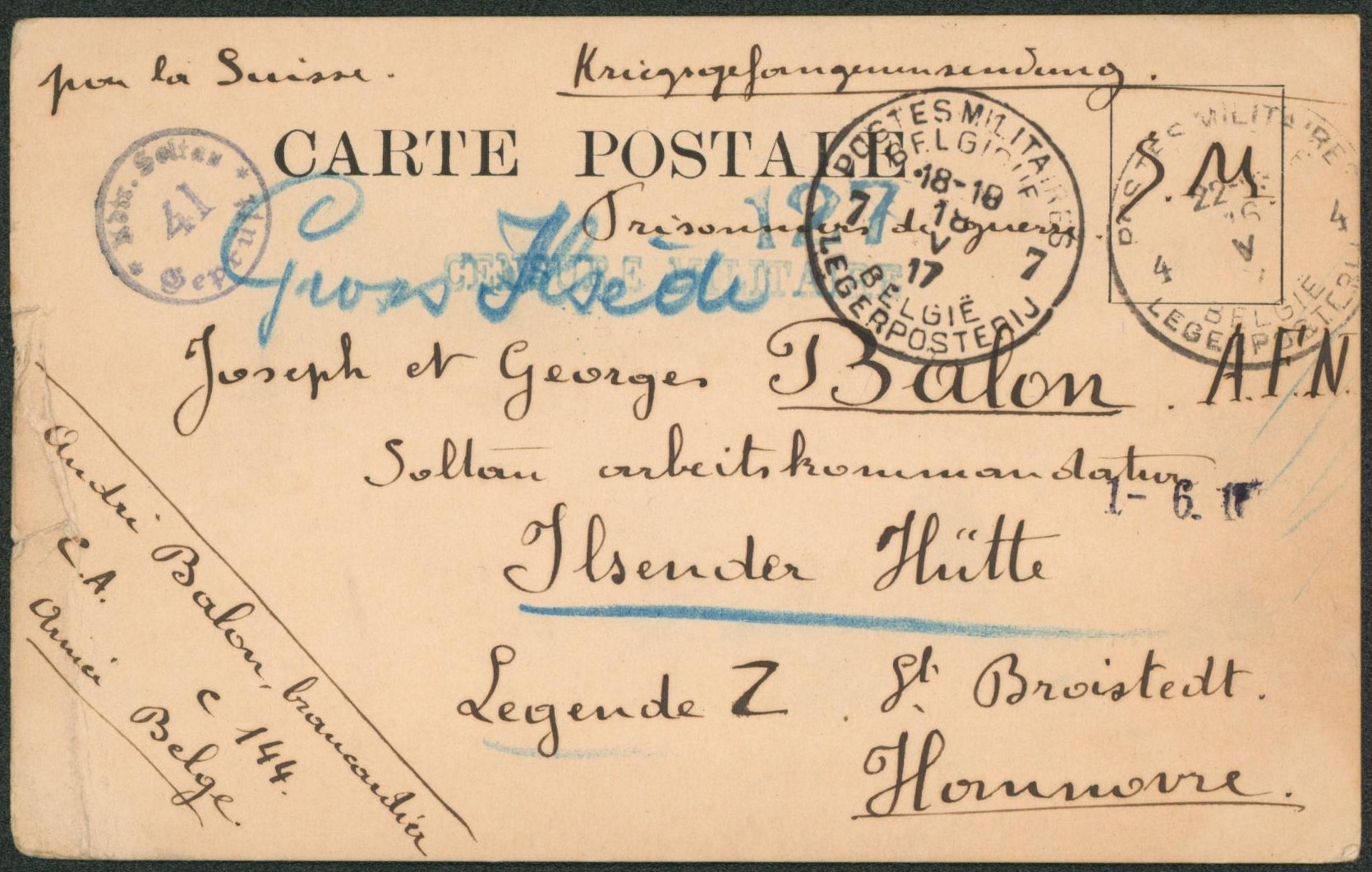 Carte postale (prisonnier de guerre) expédié d'un brancardier çàd Obl P.M.B.4 et P.M.B. 7 par la suisse > Soltau (Hannovre, Allemagne).