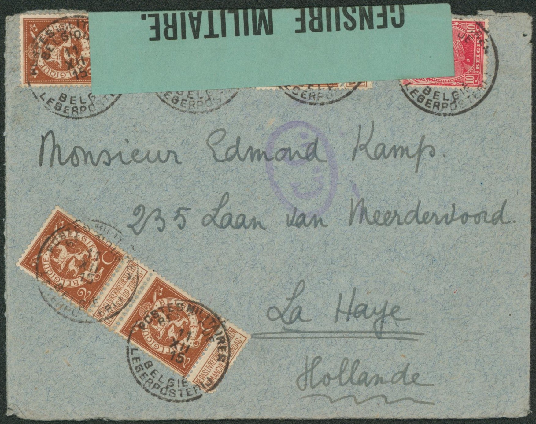 n°109 x5 et 138 sur lettre obl P.M.B. (1915) + bandelette de censure et oval C.C. > La Haye.