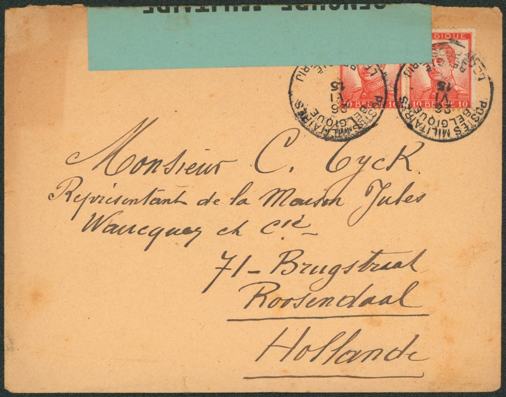 Pellens - 10C x2 sur lettre obl P.M.B. (armée belge à Leysele) + bandelette de censure > Roosendaal (Hollande)
