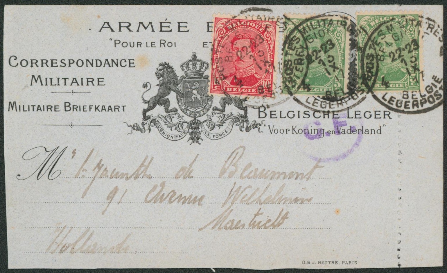 Albert I - n°137 x2 et 138 sur correspondance militaire obl P.M.B. 4 + censure C.F. > Marstricht (Hollande).