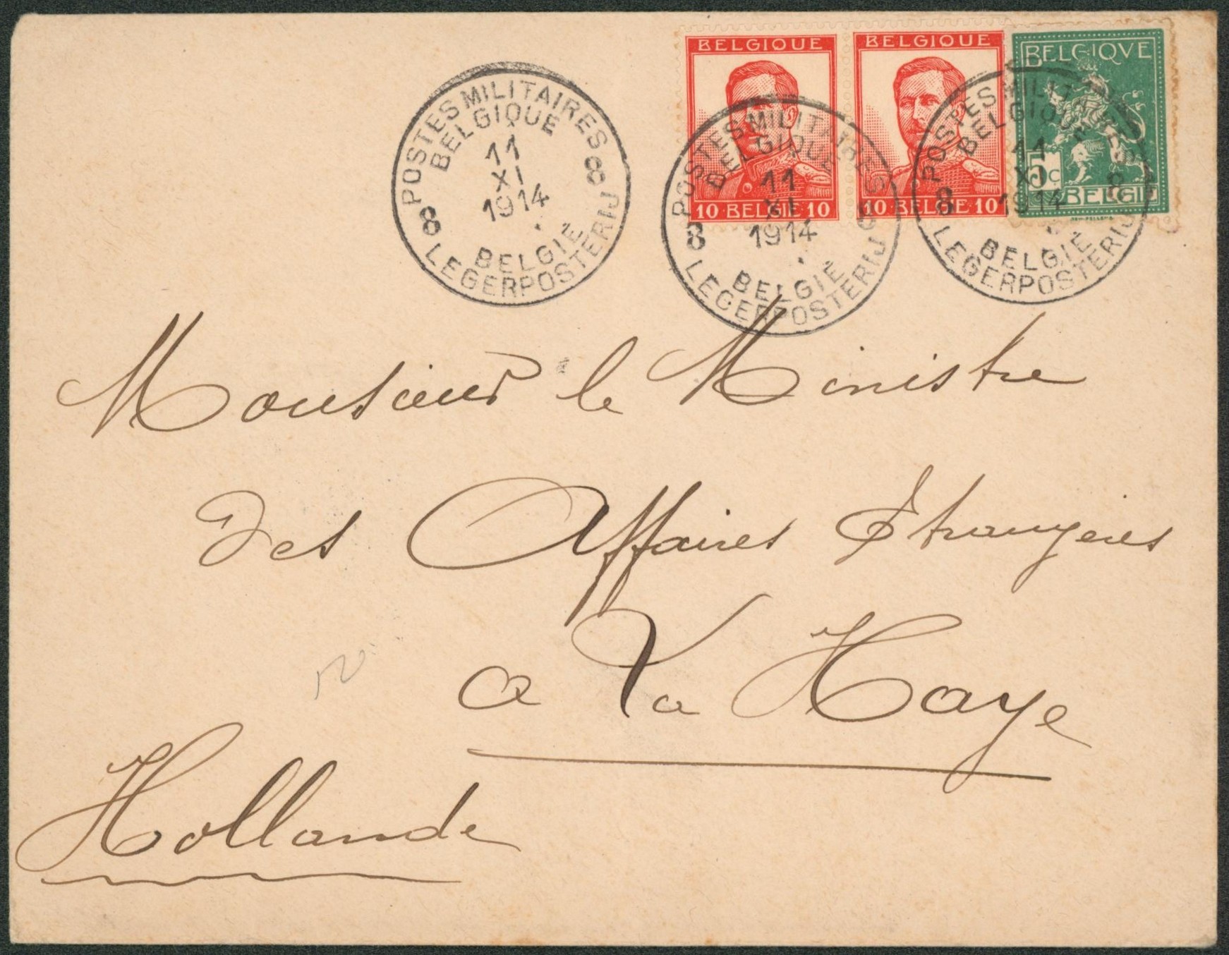 Pellens - n°110 et 10ctm x2 sur lettre obl P.M.B.8 (11/XI/14) > La Haye (Hollande)