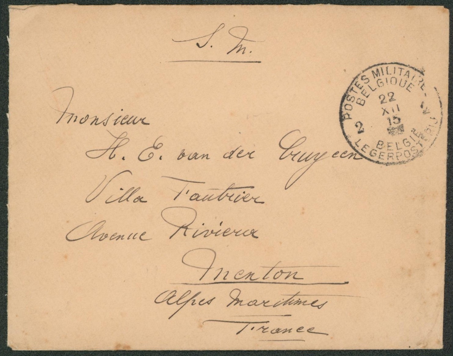 Lettre en S.M. obl P.M.B. 2 (1915) > Menton (France).