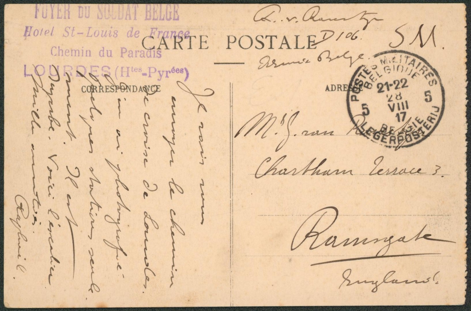 CP en S.M. obl P.M.B. 5 (foyer du soldat belge, lourdes) > Ramsgate (Angleterre).