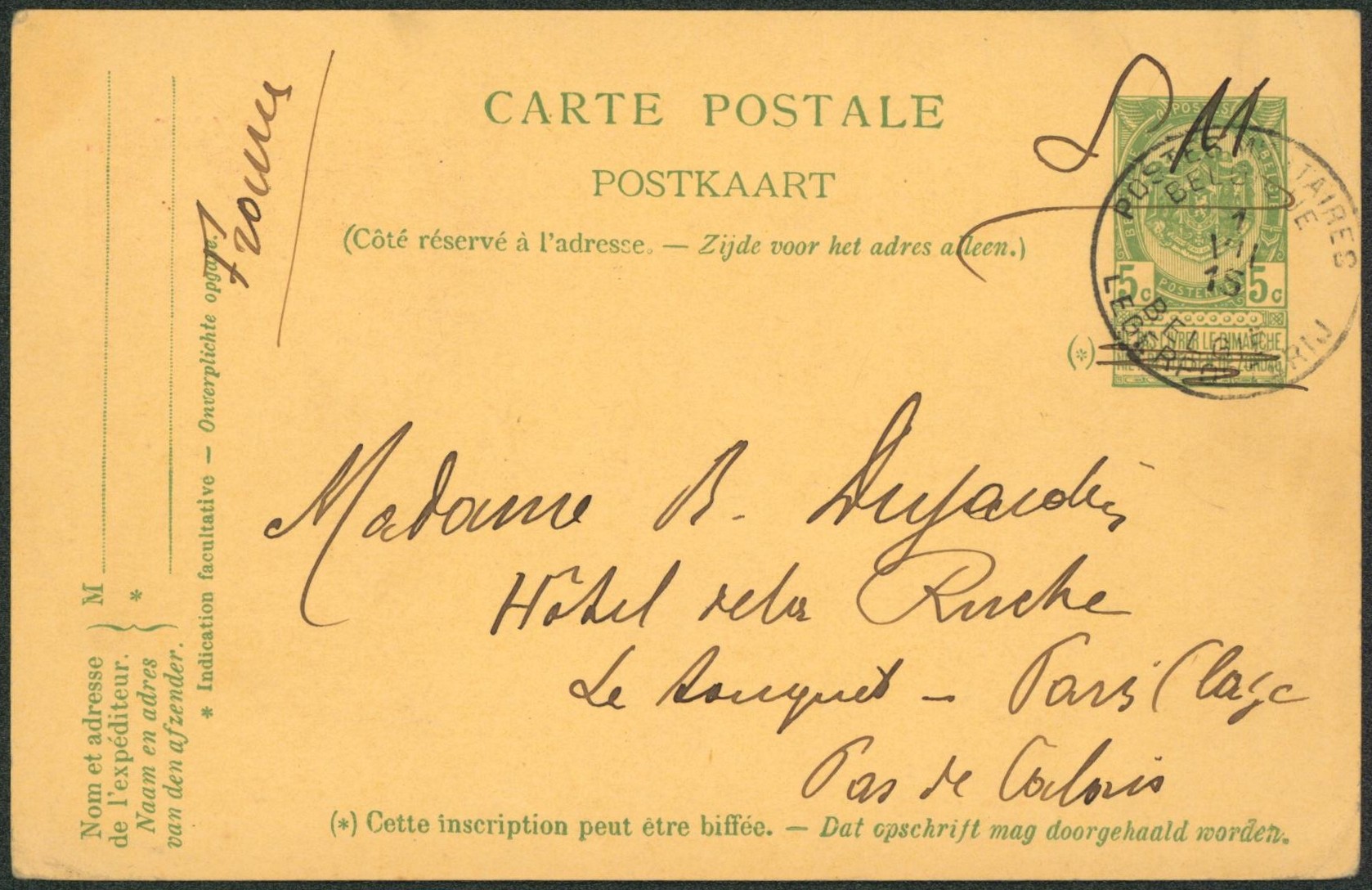 EP au type 5ctm vert manuscrit S.M. (support) obl P.M.B. > Hotel de la ruche à le touquet (France).
