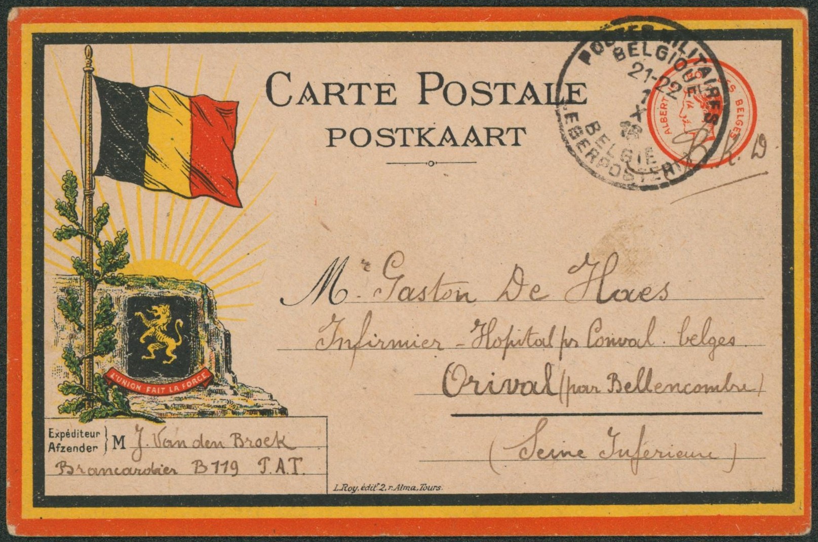 Carte postale (propagande, Brancardier) en S.M. obl P.M.B. > Orival (France).