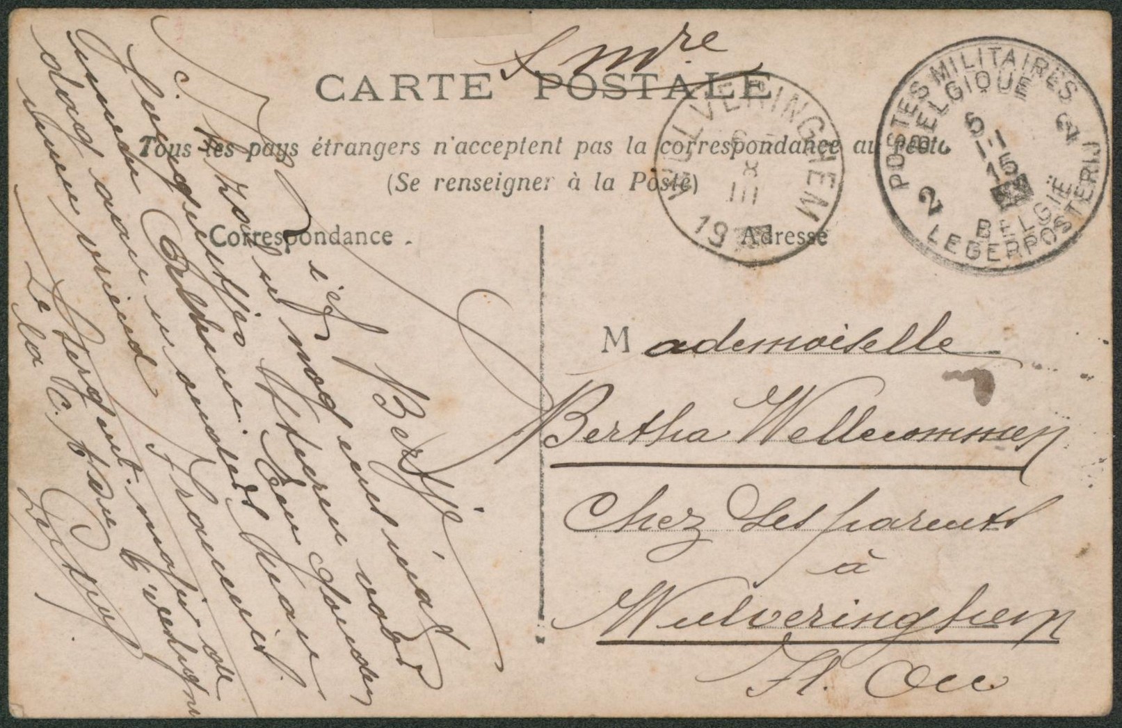CP en S.M. obl P.M.B. 2 (1915) > Wulveringhem (zone non envahie)