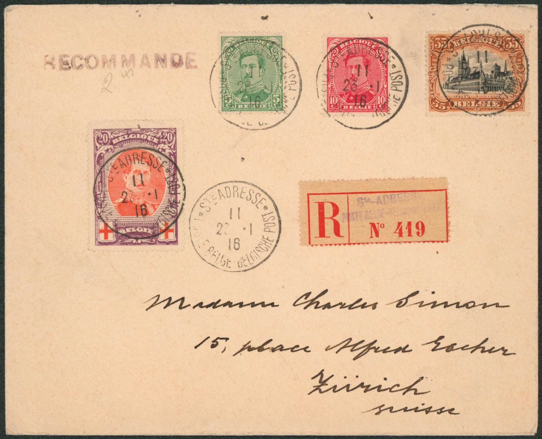 n°137/38, 142 et 134 sur lettre en recommandé de Ste-Adresse > Zurich (Suisse) / Consulat des pays-bas, le havre