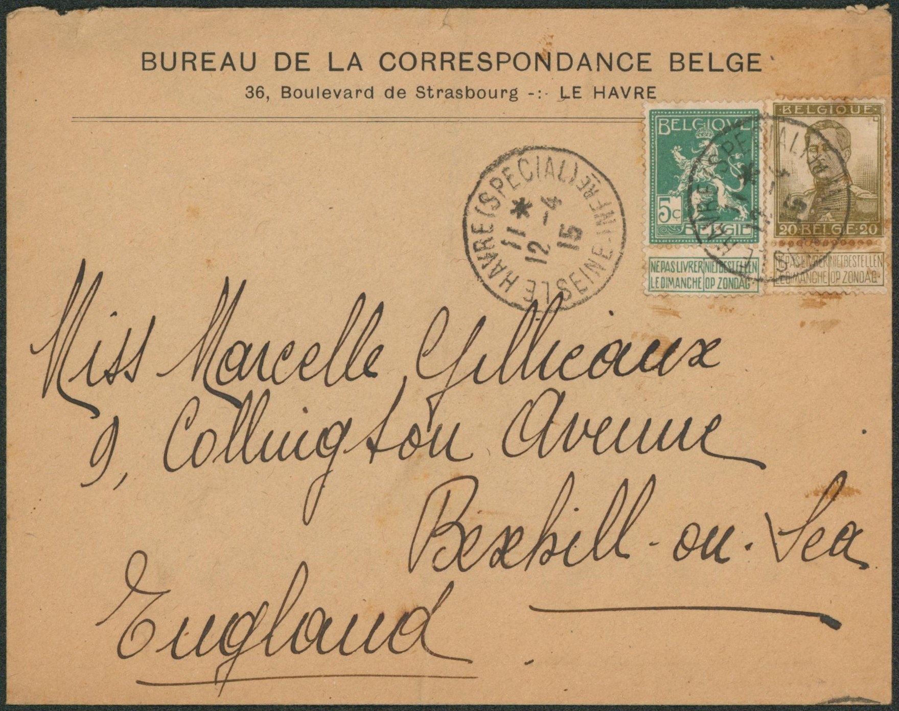 Pellens - n°110 et 124 sur lettre (bureau de correspondance belge) expédié de Le havre > Bexhill on sea (England).