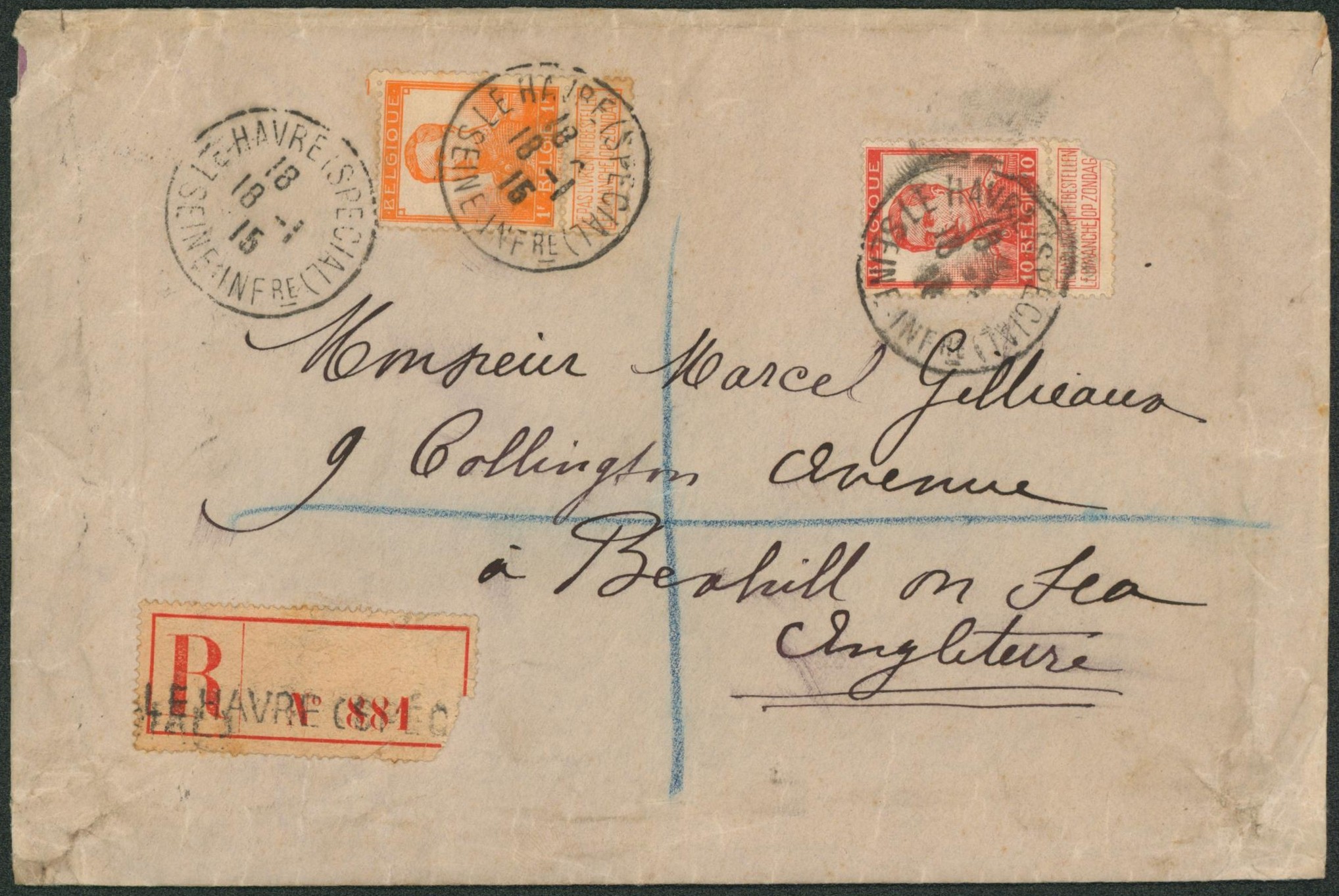 Pellens - n°116 et 123 sur lettre en recommandé de le havre > Bexhill-on-sea (England).