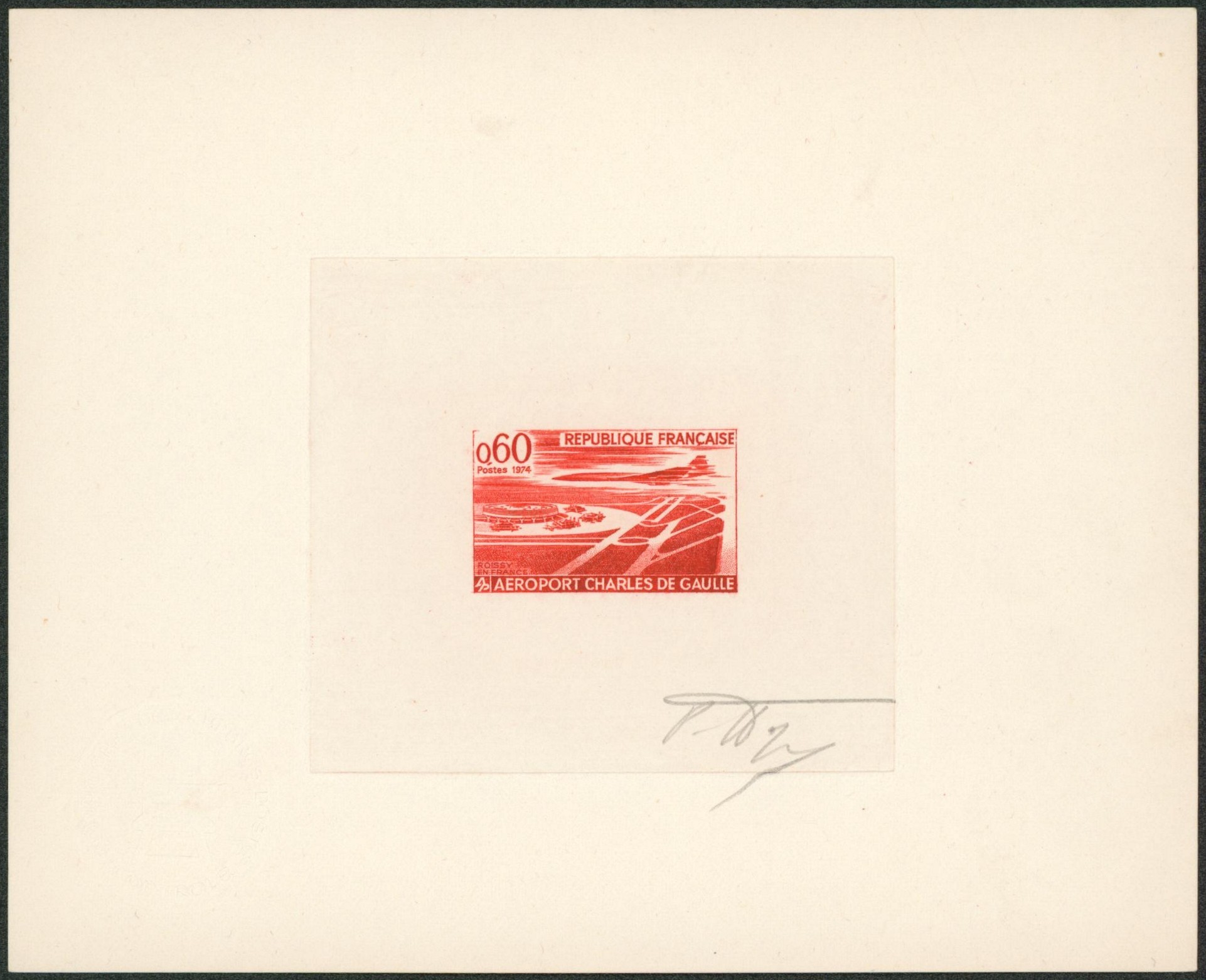 France - épreuve d'artiste 0,6F aéroport charles de gaulle. Signé P. Forget / Concorde.
