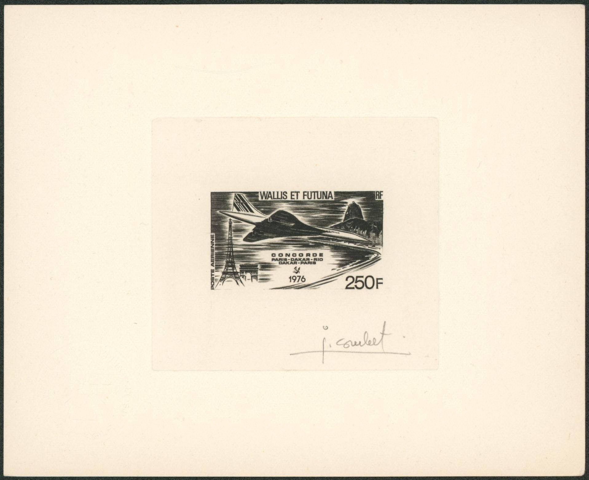 Wallis et futuna - épreuve d'artiste en noir et blanc Paris-Dakar-Rio (Concorde) 250F. Signé