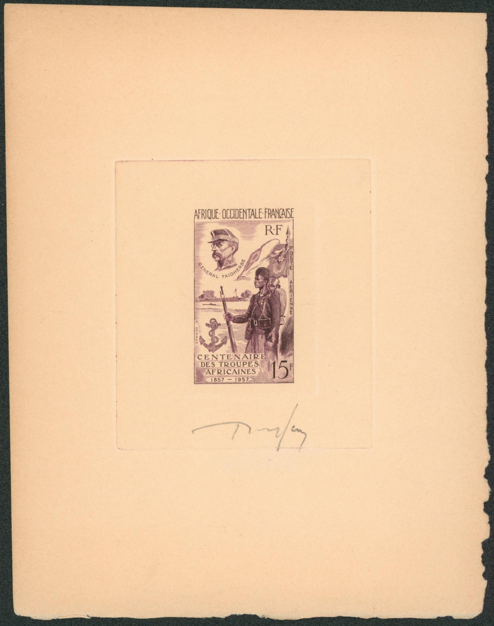 A.O.F. - épreuve d'artiste en couleur centenaire des troupes africaines 15F. Signé