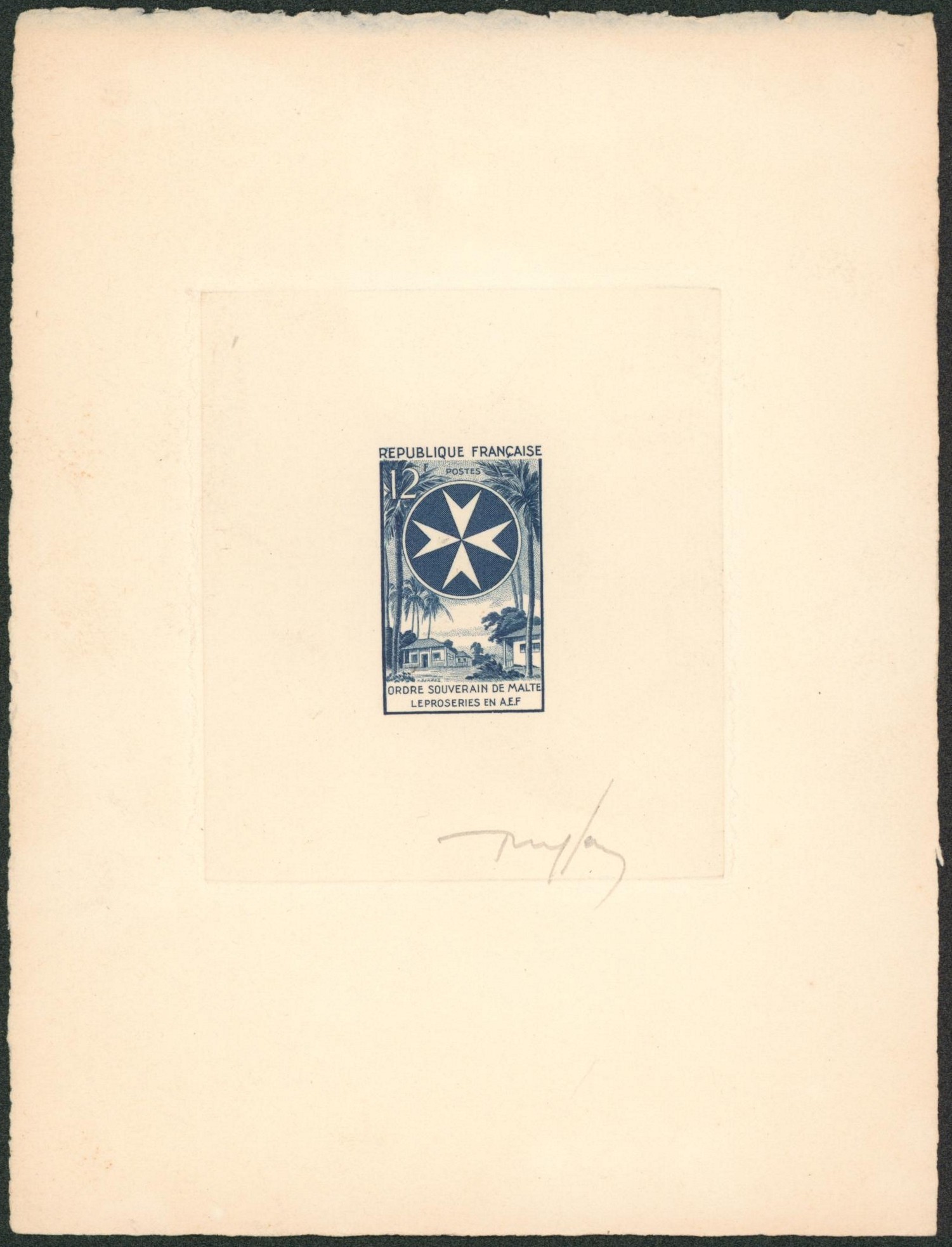 France - épreuve d'artiste en couleur 12F bleu ordre souverain de malte leproseries en A.E.F. Signé