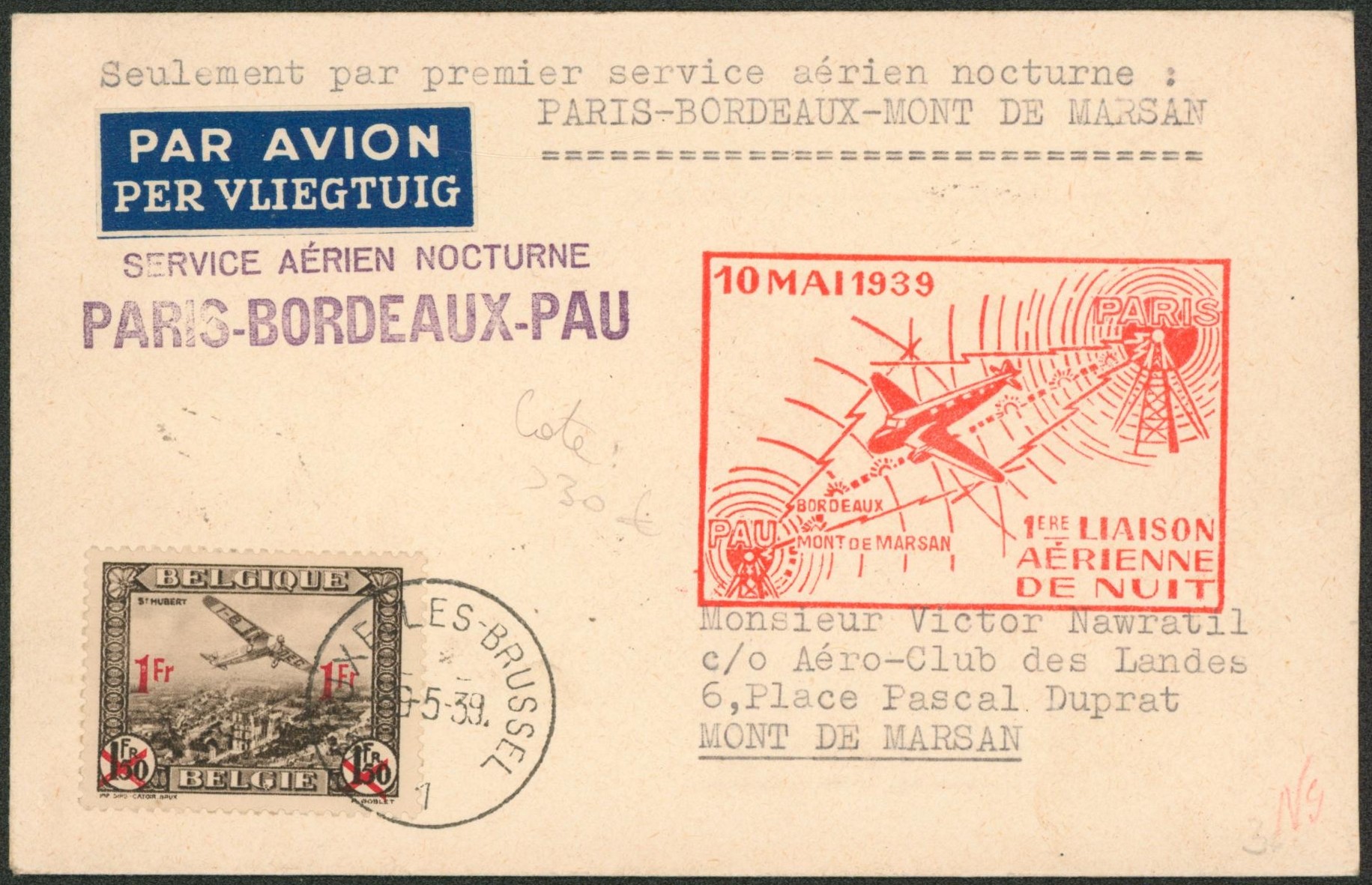 PA6 sur lettre par avion service aérien nocturne PARIS-BORDEAUX-PAU expédié de Bruxelles > Mont de Marsan.